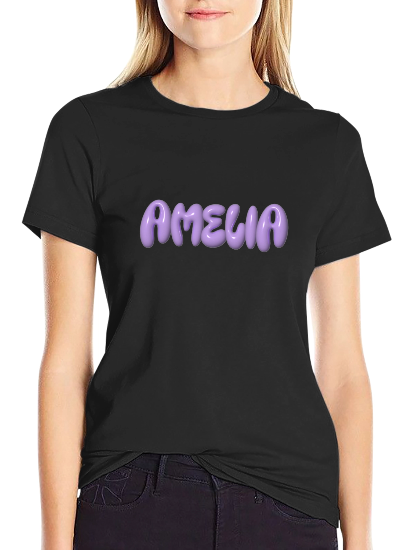 Amelia Purple Lettering Black T-Shirt