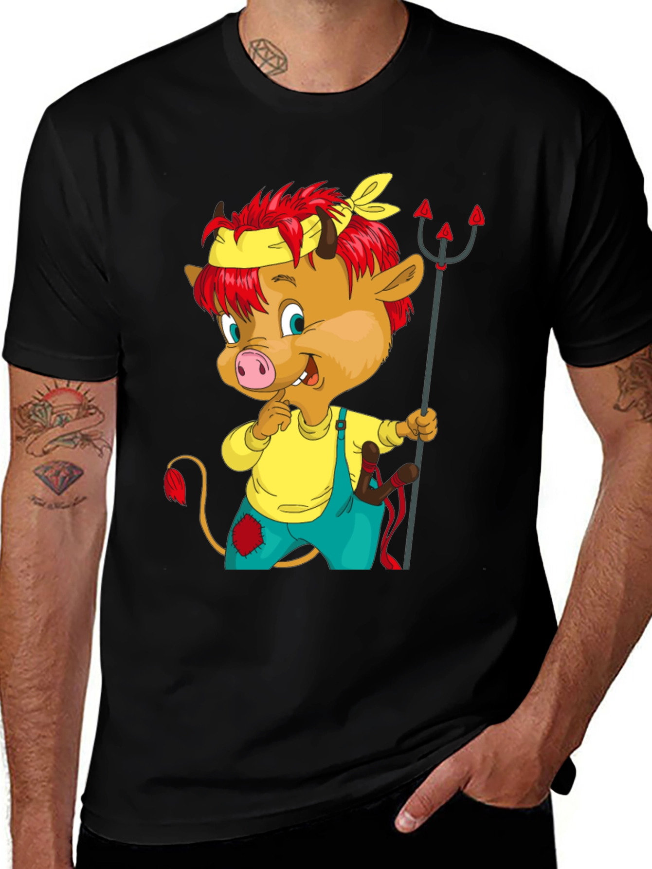 Cartoon Devil Calf T-Shirt - Black