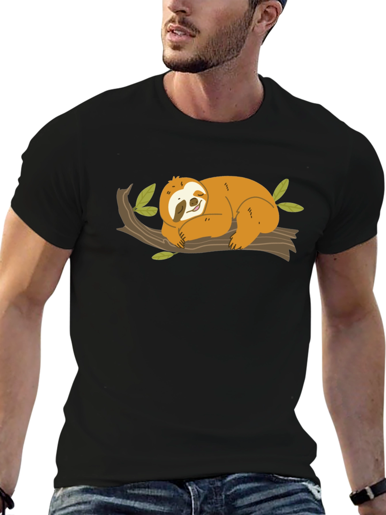 Cute Sloth on Branch Black T-Shirt