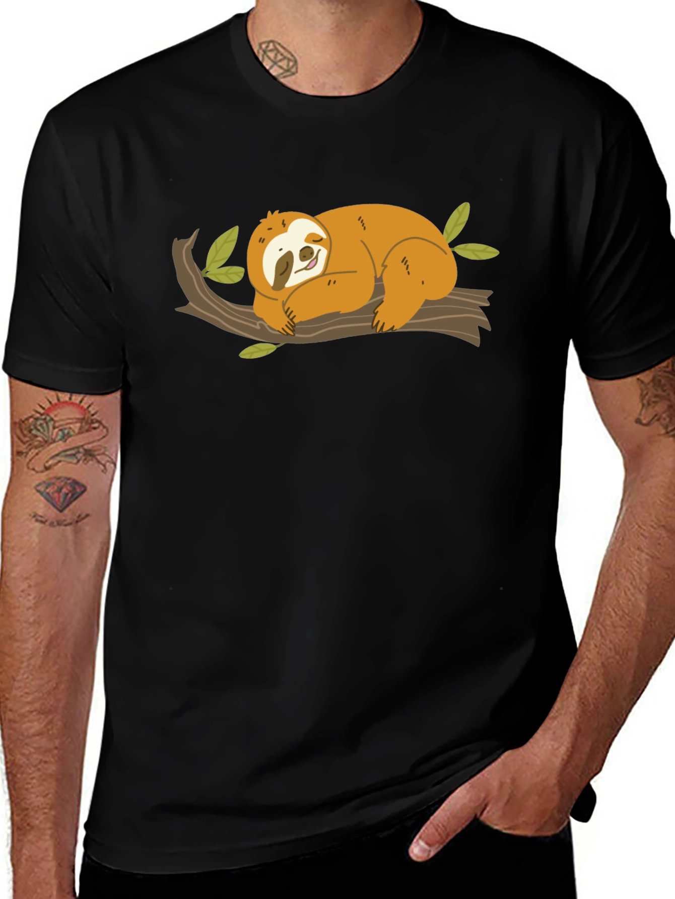 Cute Sloth on Branch Black T-Shirt