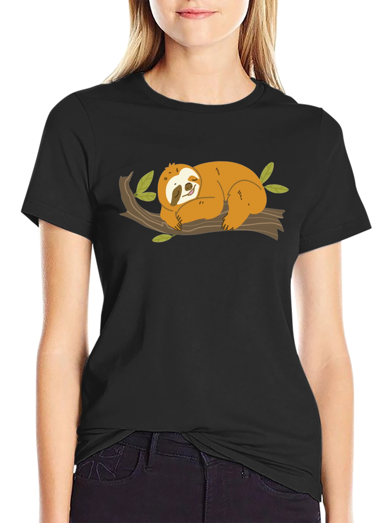 Cute Sloth on Branch Black T-Shirt