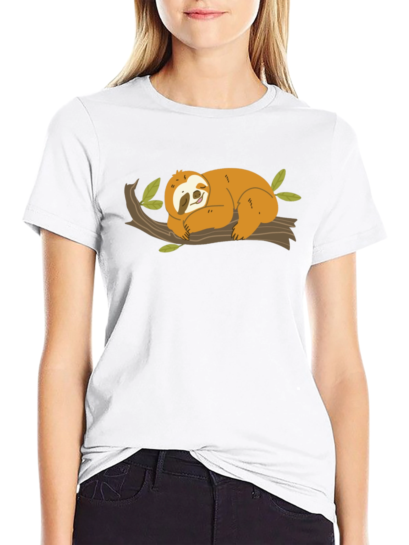 Cute Sloth on Branch Black T-Shirt