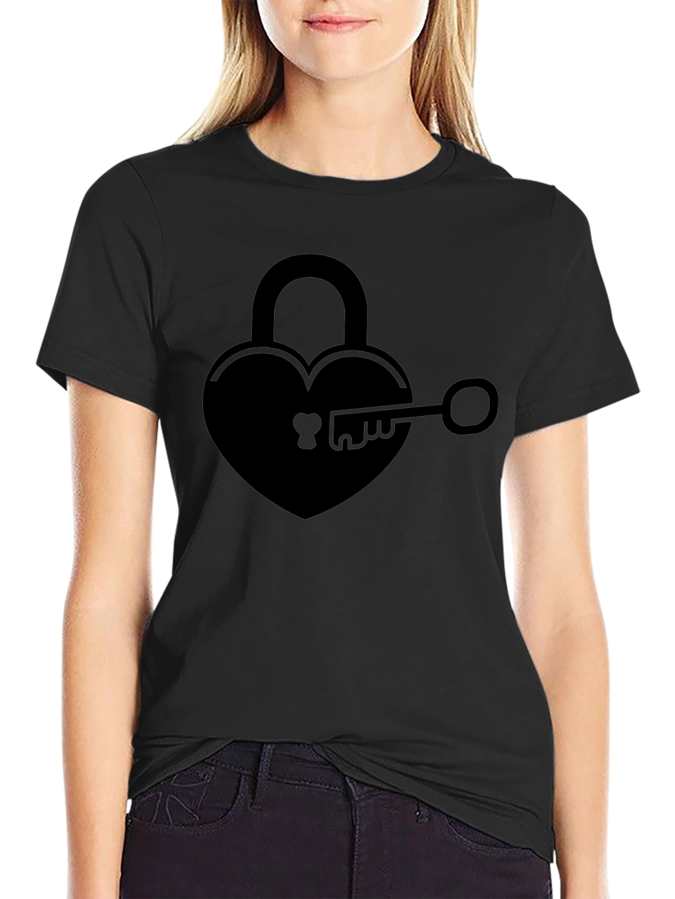 Heart Lock & Key Graphic Tee - Black Cotton