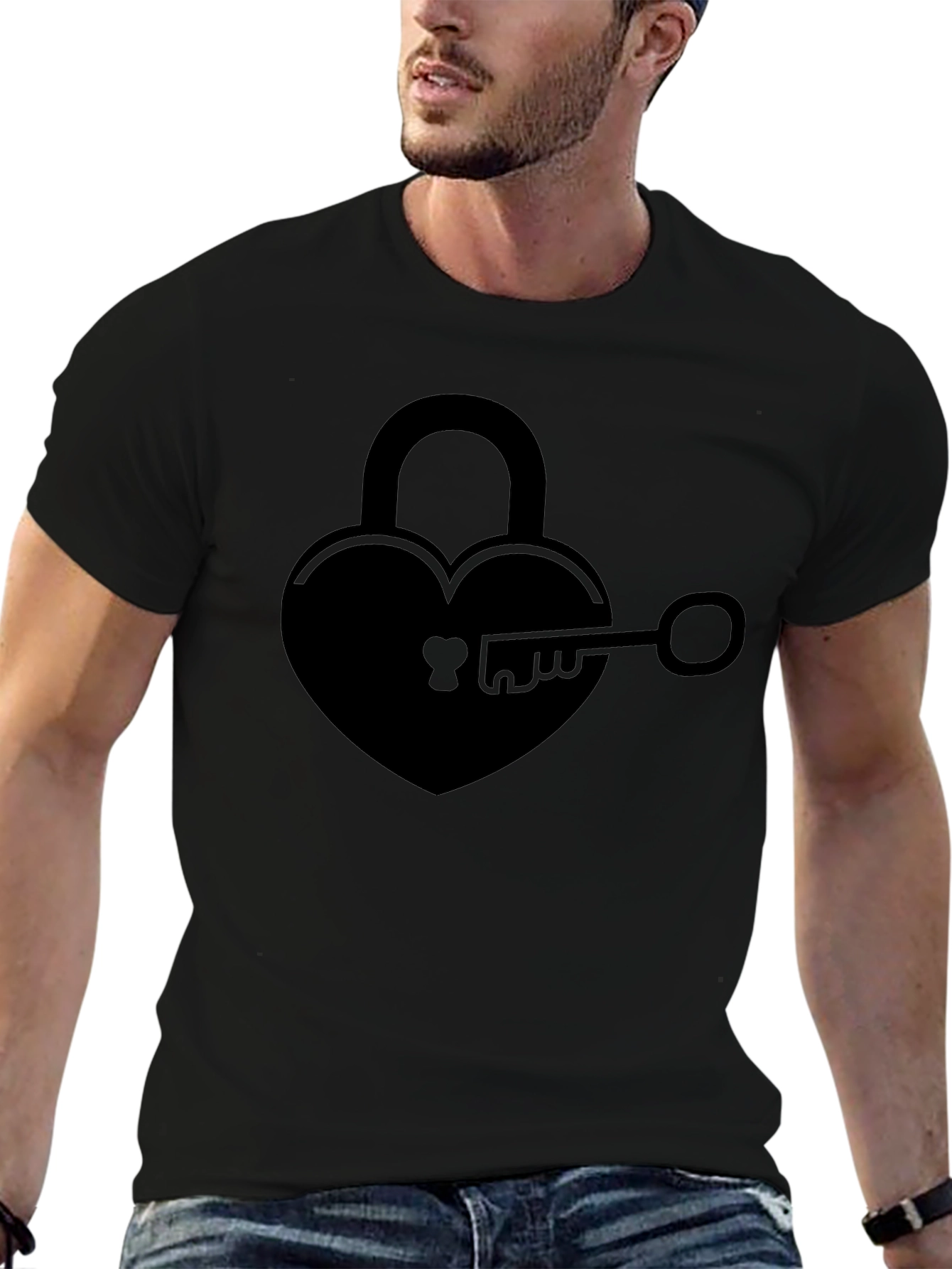 Heart Lock & Key Graphic Tee - Black Cotton
