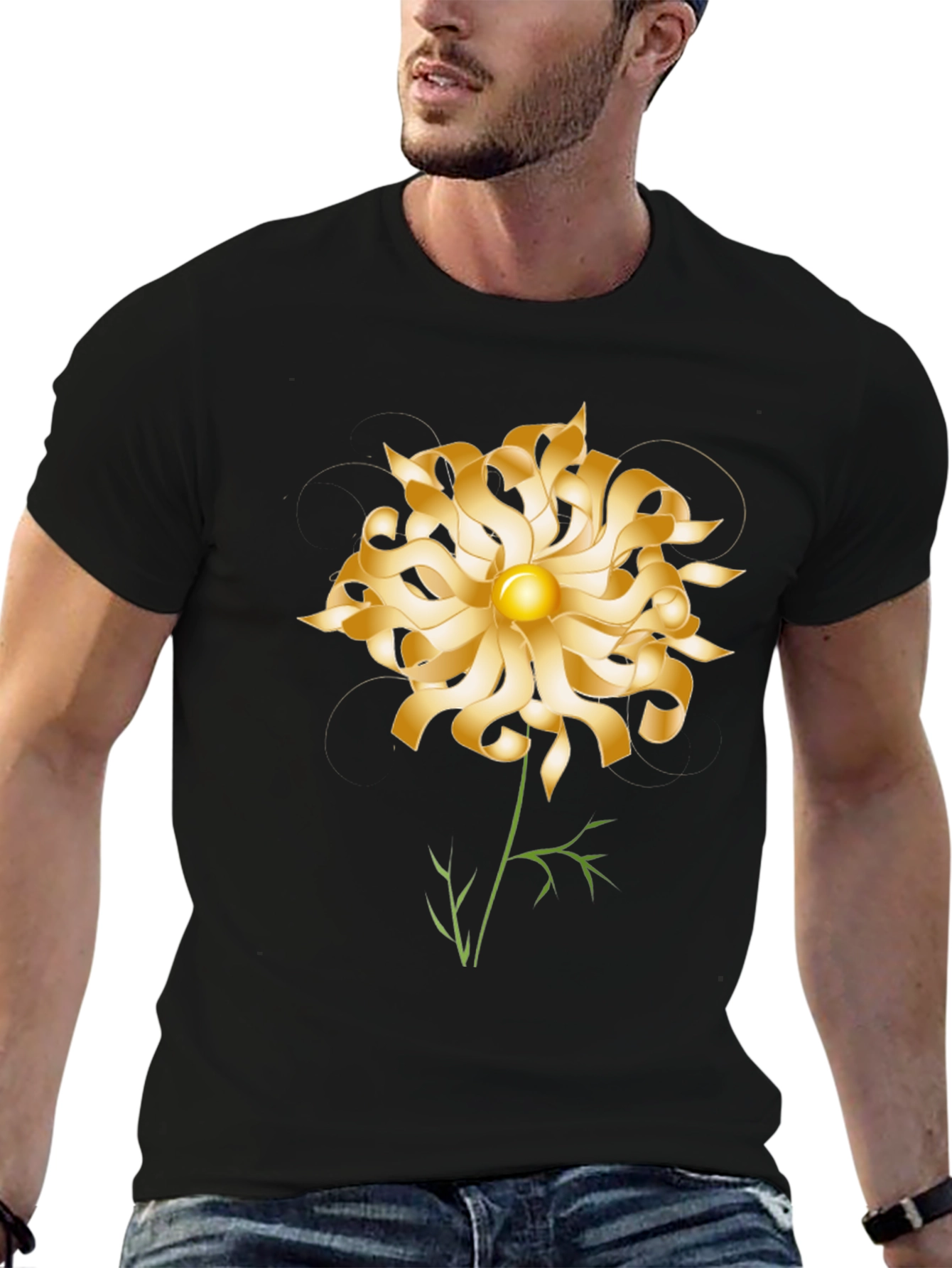 Gold Flower Graphic Black T-Shirt