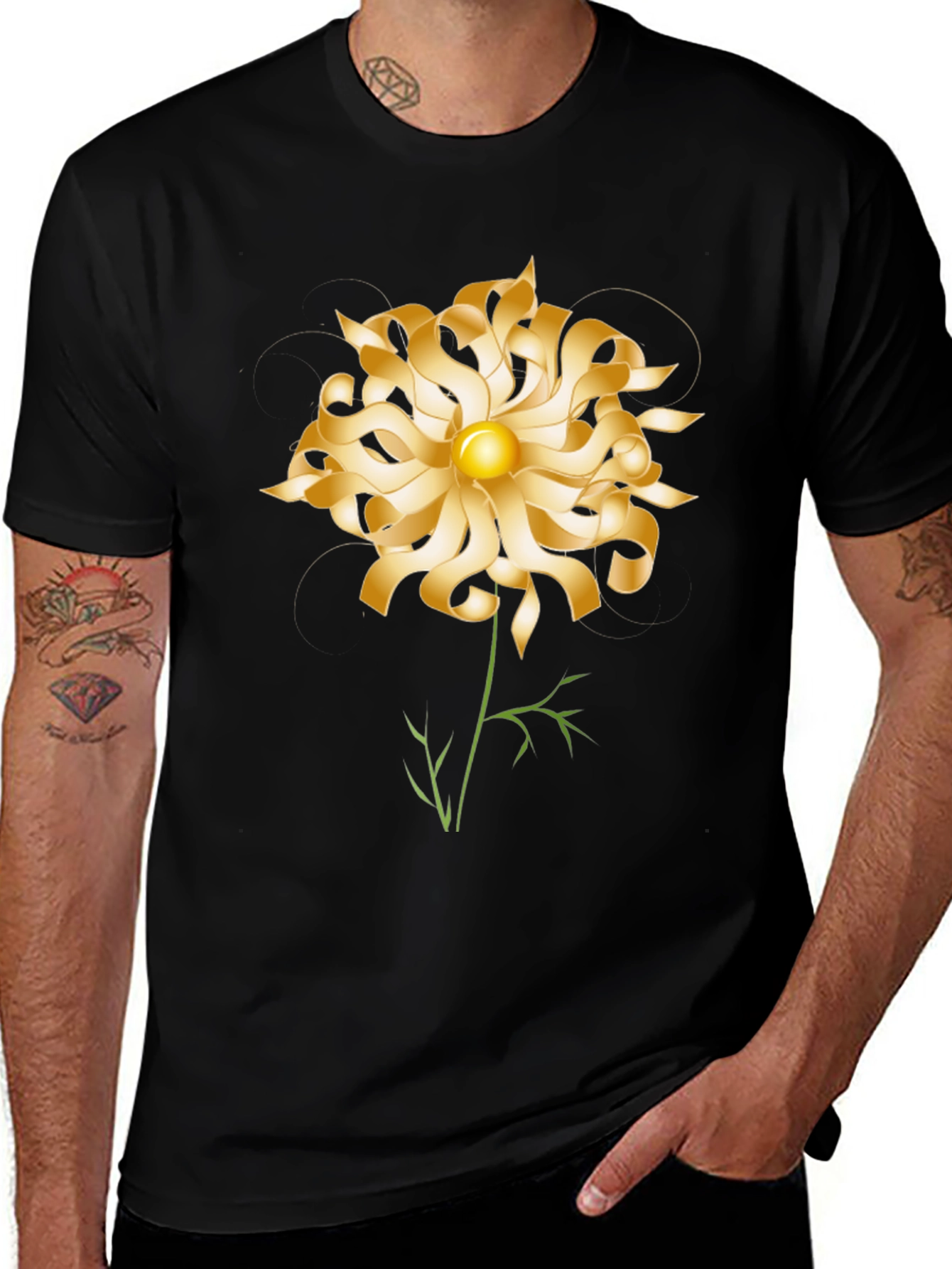 Gold Flower Graphic Black T-Shirt