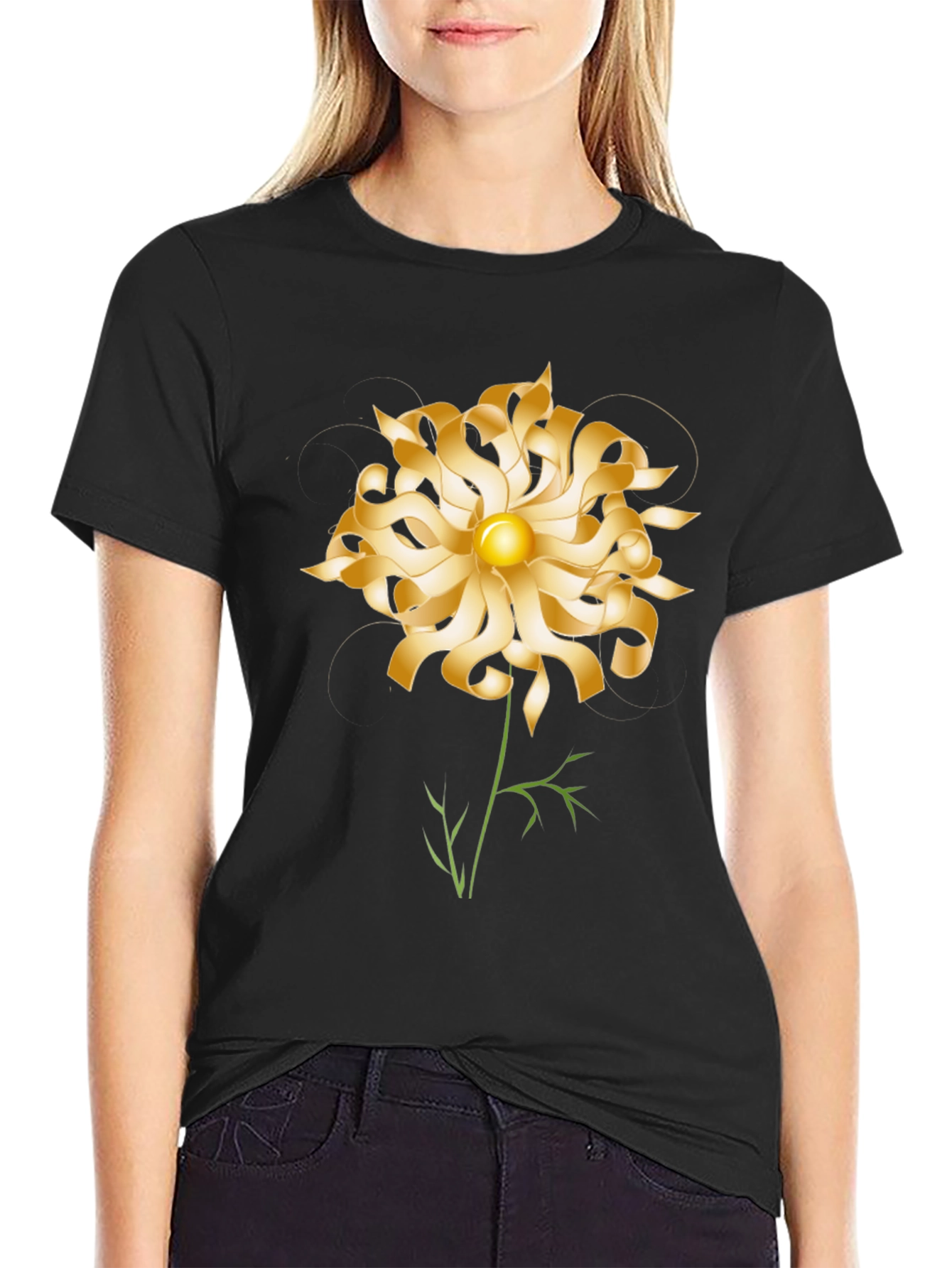 Gold Flower Graphic Black T-Shirt