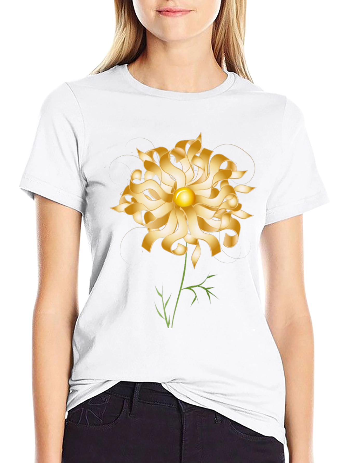 Gold Flower Graphic Black T-Shirt