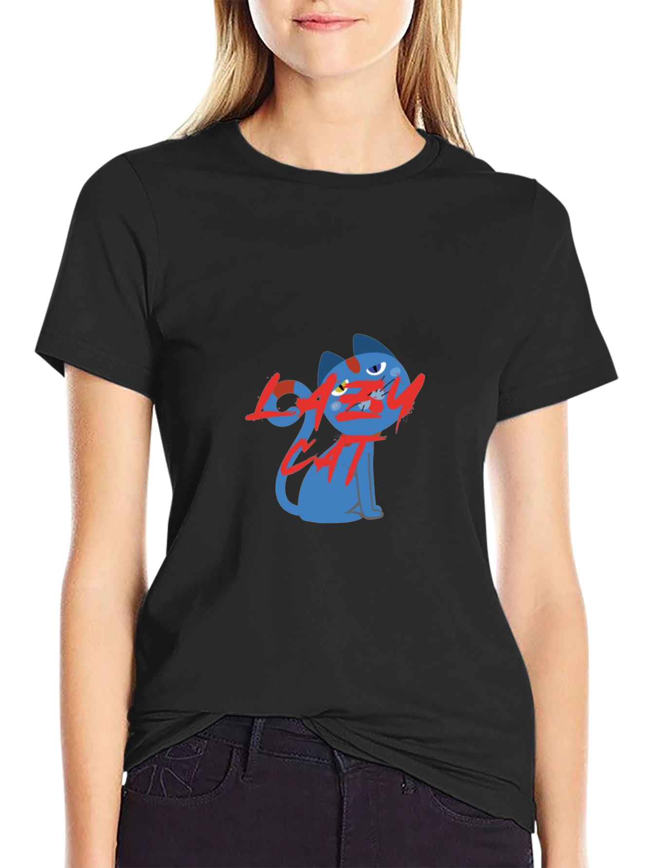 Lazy Cat Graphic Black T-Shirt