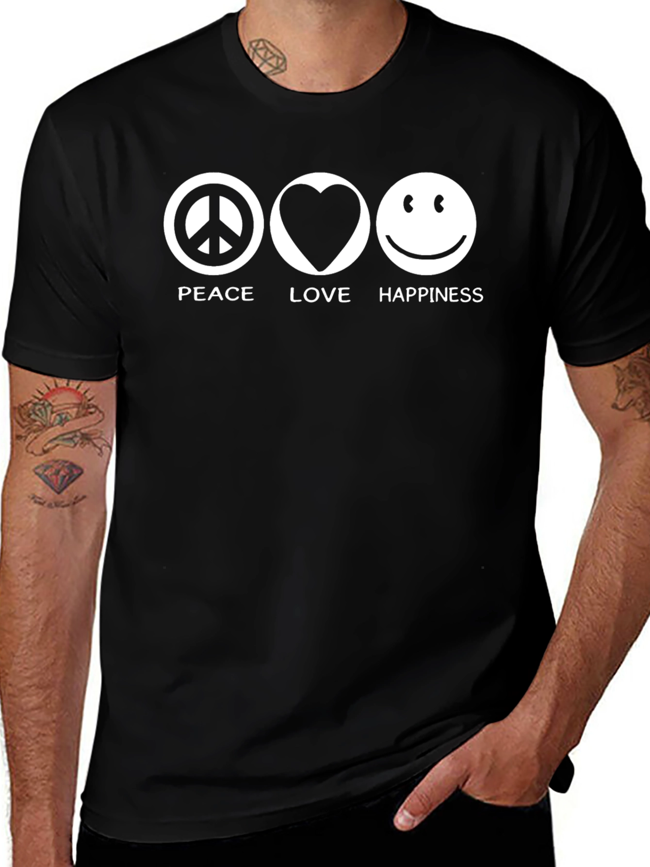 Peace Love & Happiness Black Graphic T-Shirt