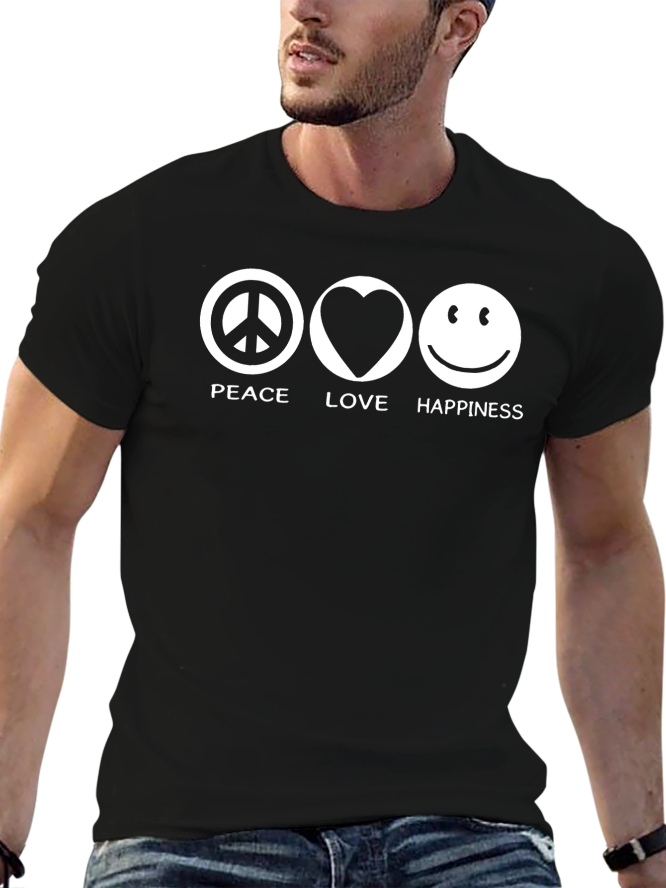 Peace Love & Happiness Black Graphic T-Shirt