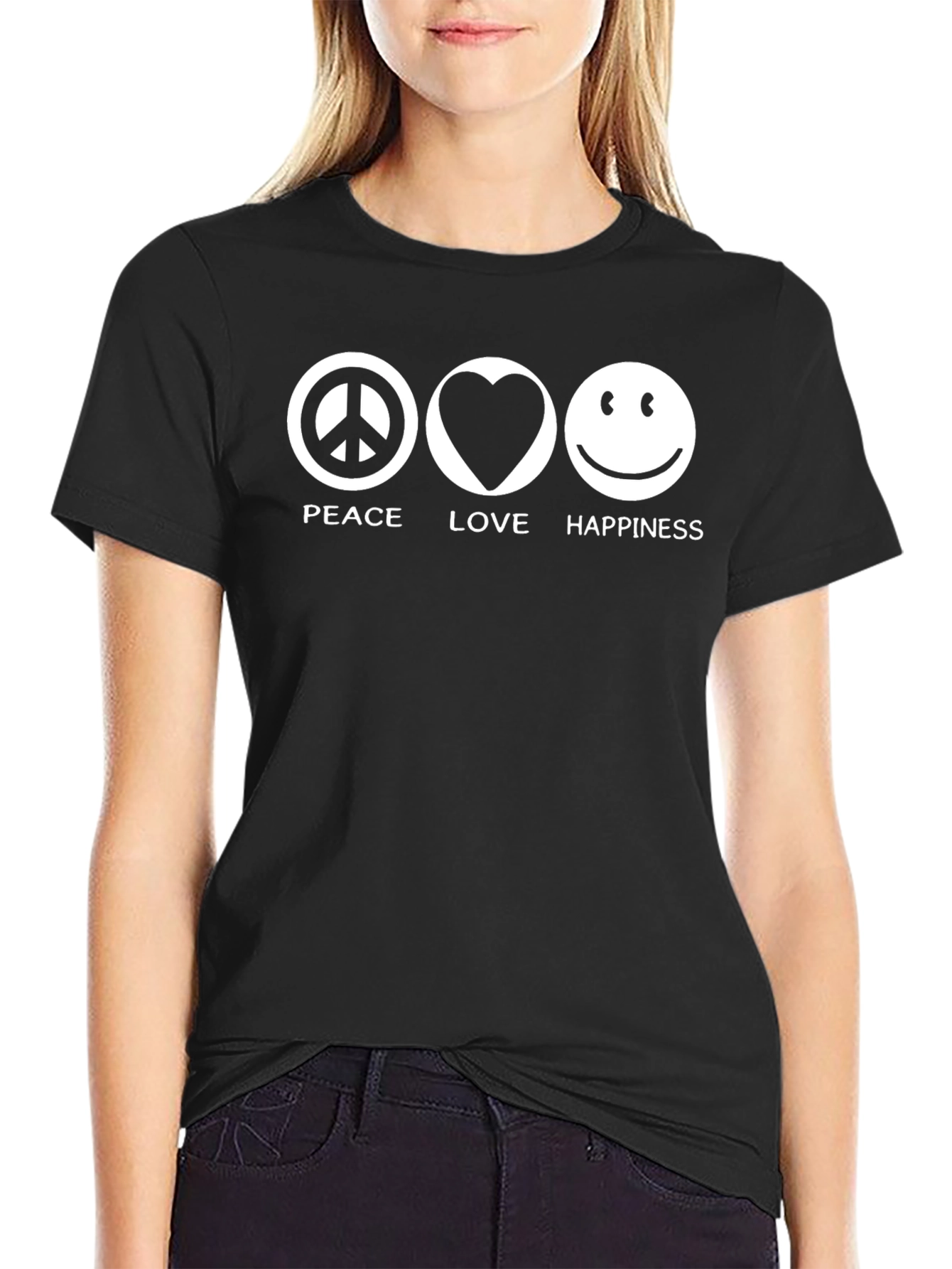 Peace Love & Happiness Black Graphic T-Shirt