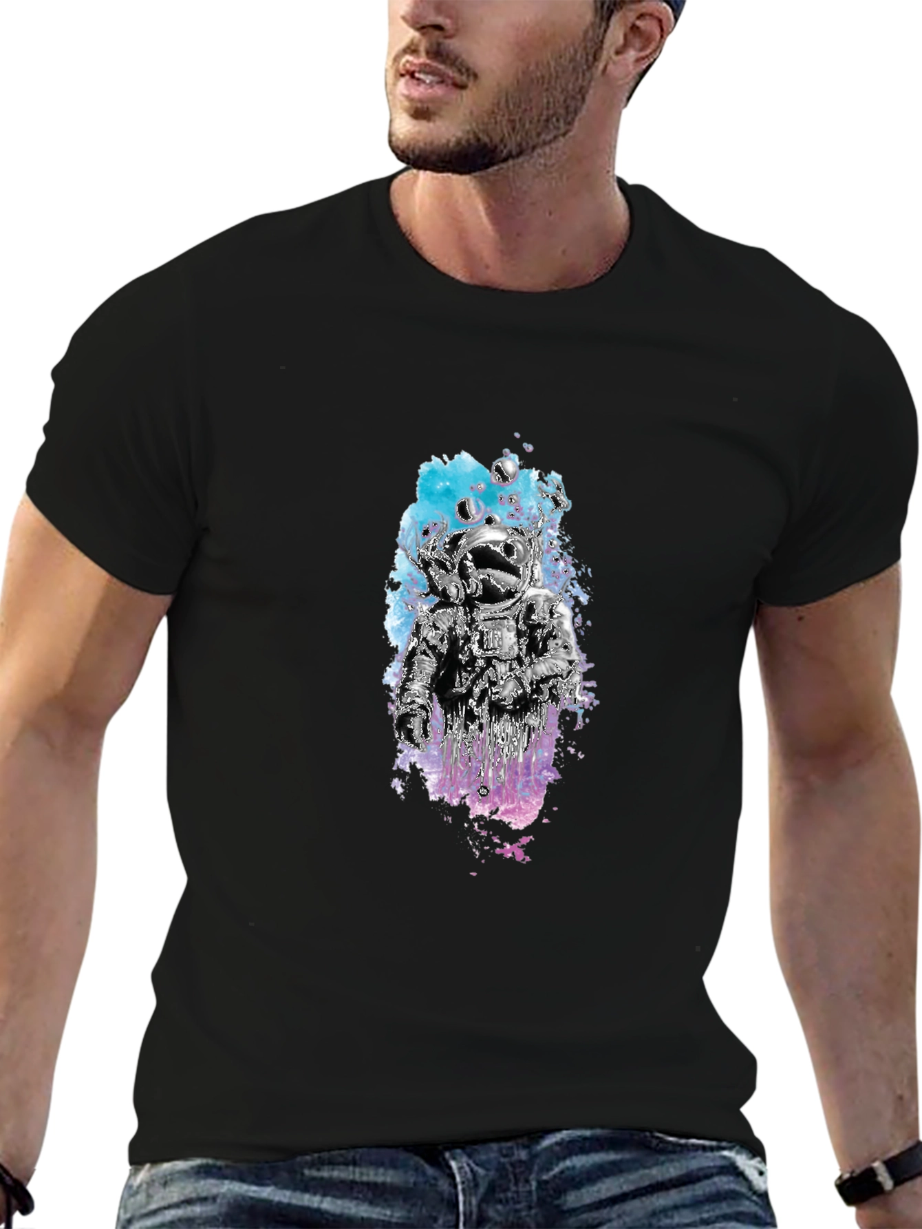 Astronaut Graphic Tee - Black Cotton Crew Neck