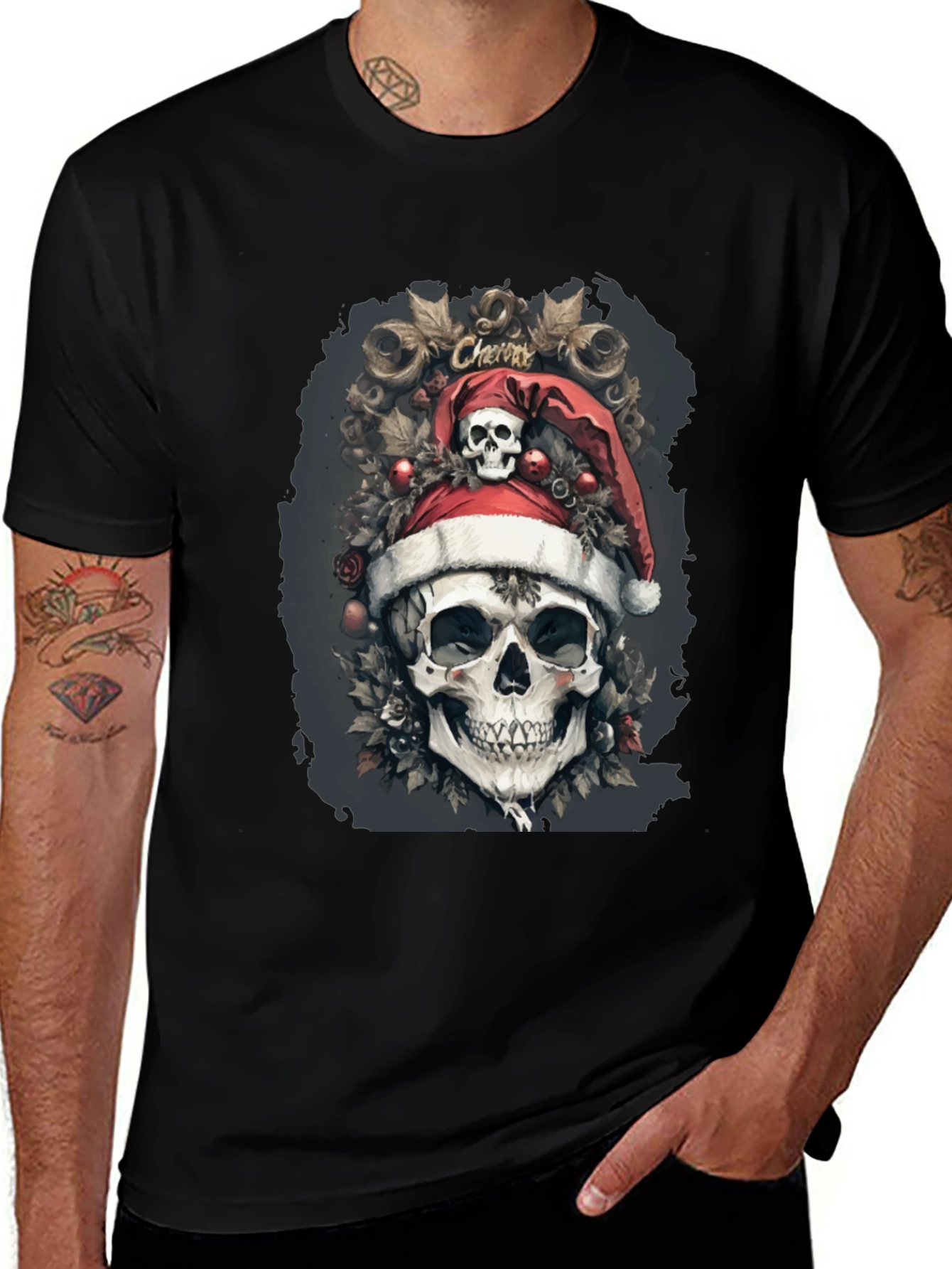 Festive Skull Graphic Tee - Holiday Skeleton Shirt