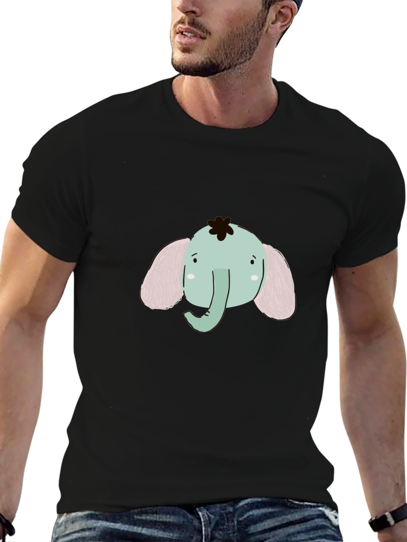 Cute Elephant Graphic Tee - Black Cotton Comfort