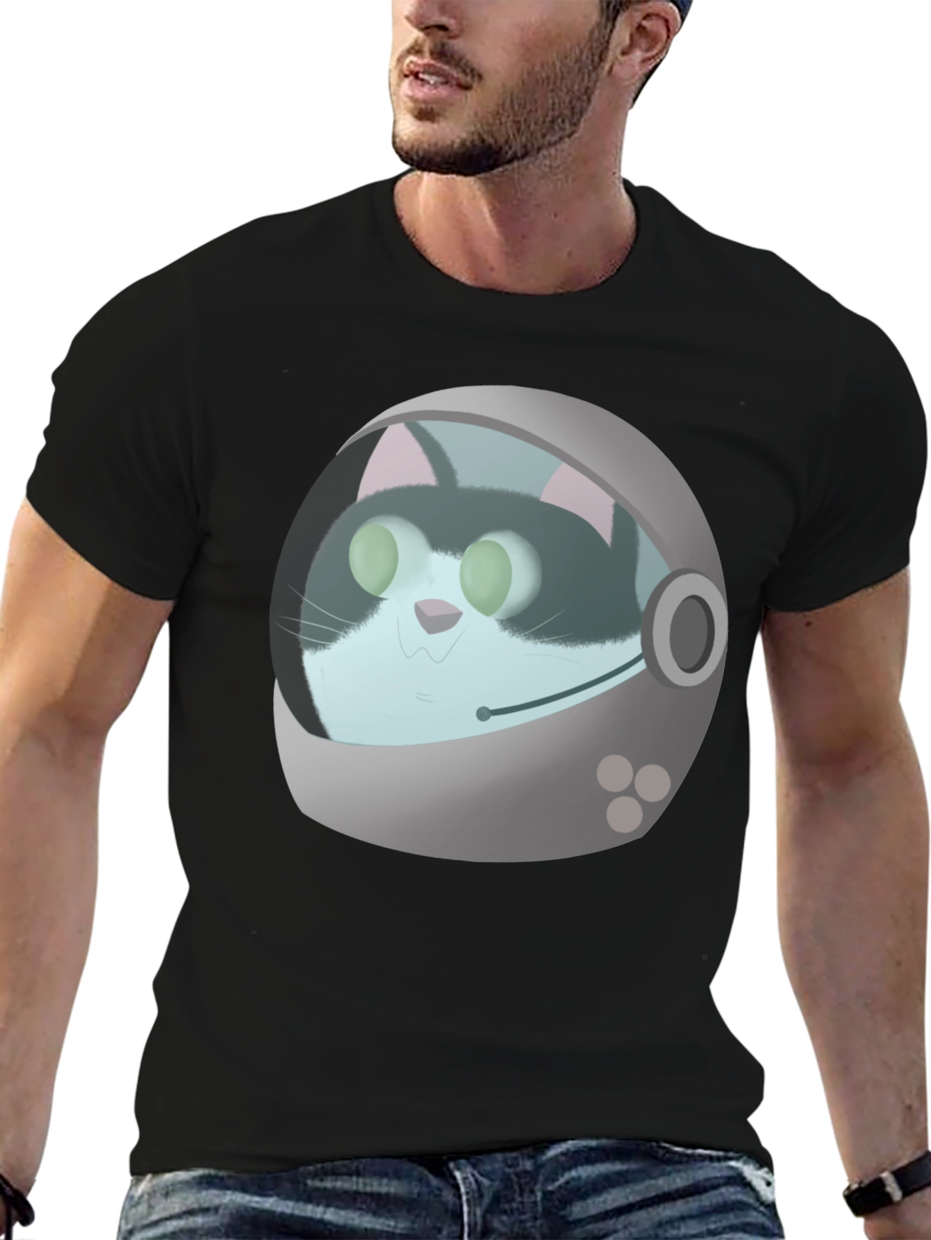Astronaut Cat Graphic T-Shirt - Black Crew Neck Tee