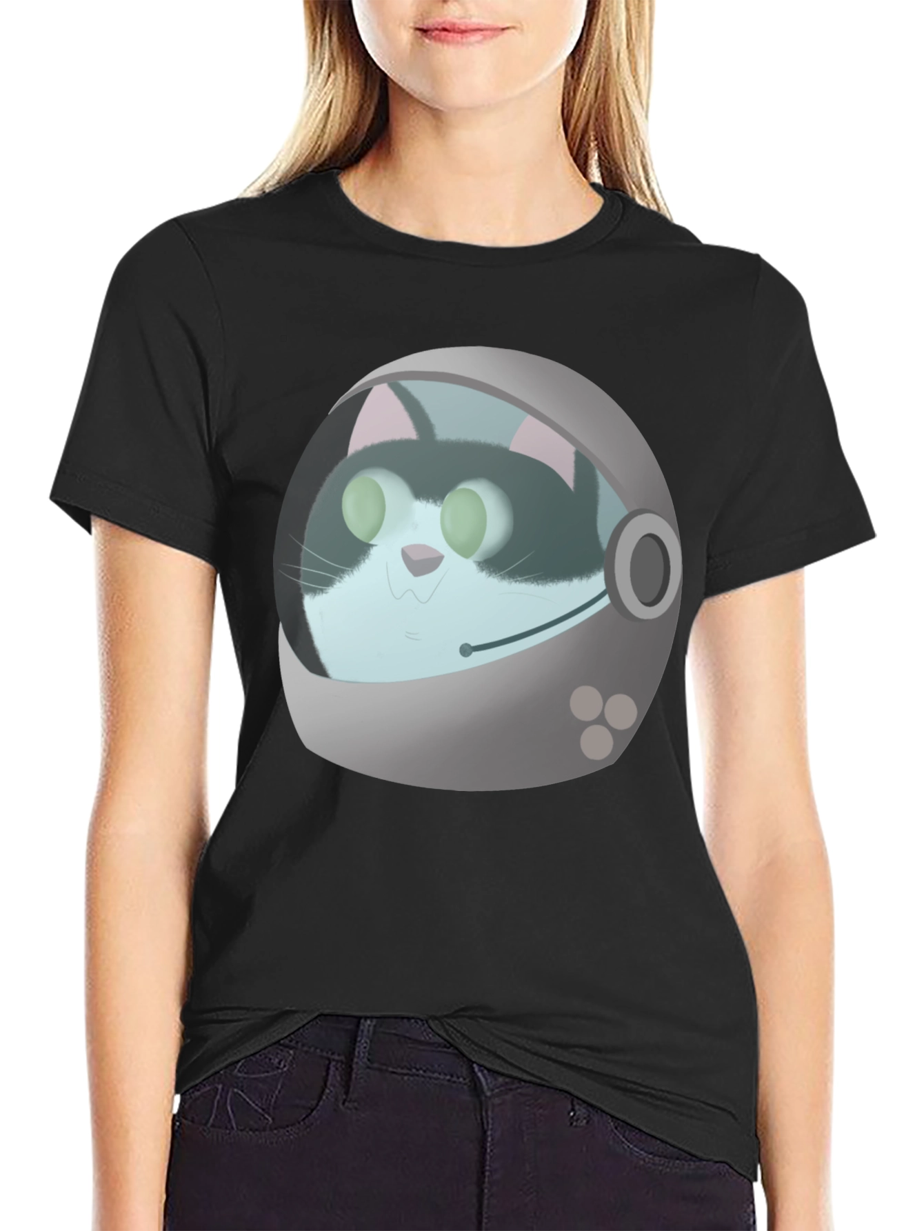Astronaut Cat Graphic T-Shirt - Black Crew Neck Tee