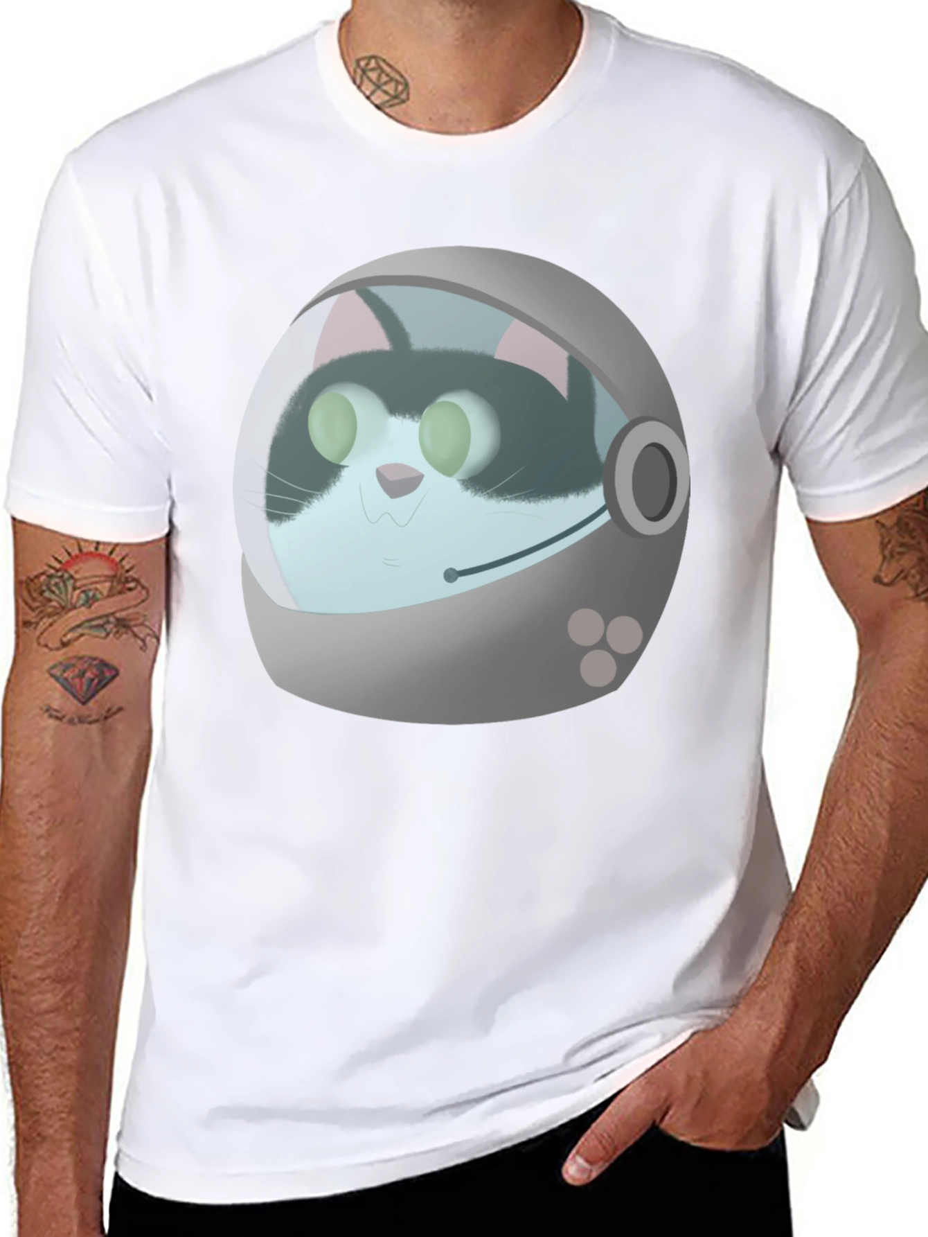 Astronaut Cat Graphic T-Shirt - Black Crew Neck Tee