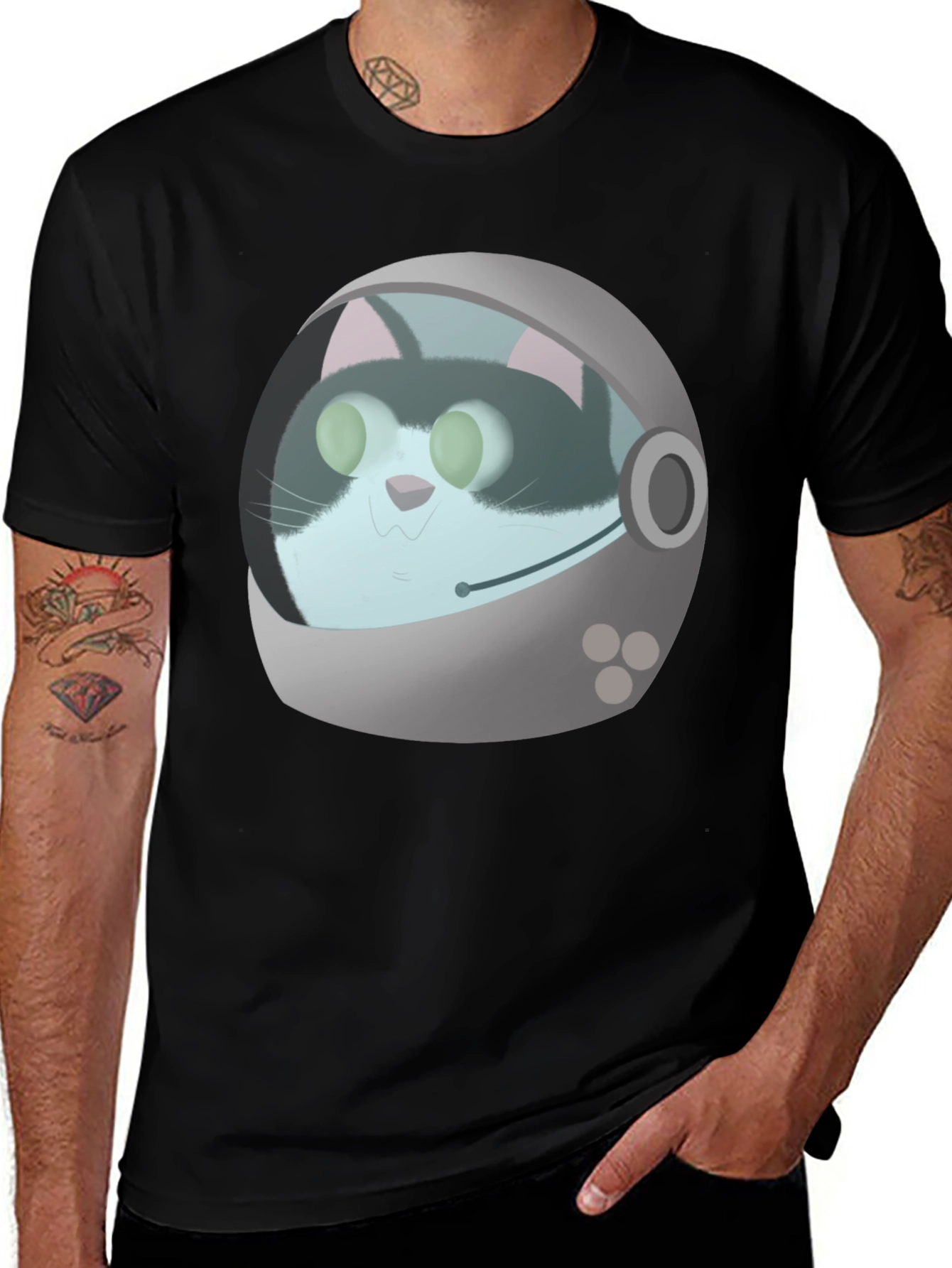 Astronaut Cat Graphic T-Shirt - Black Crew Neck Tee