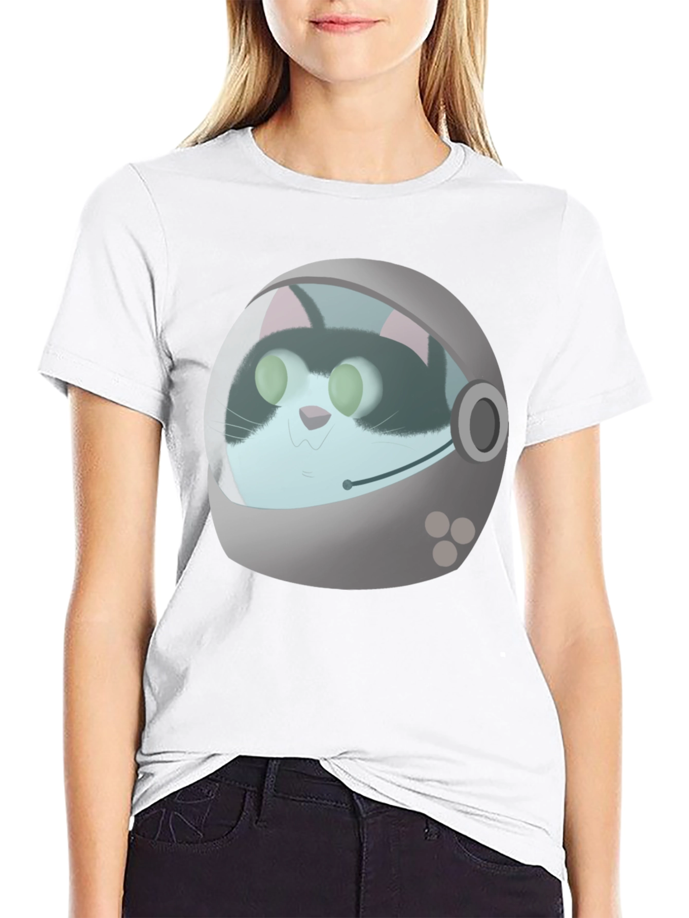 Astronaut Cat Graphic T-Shirt - Black Crew Neck Tee