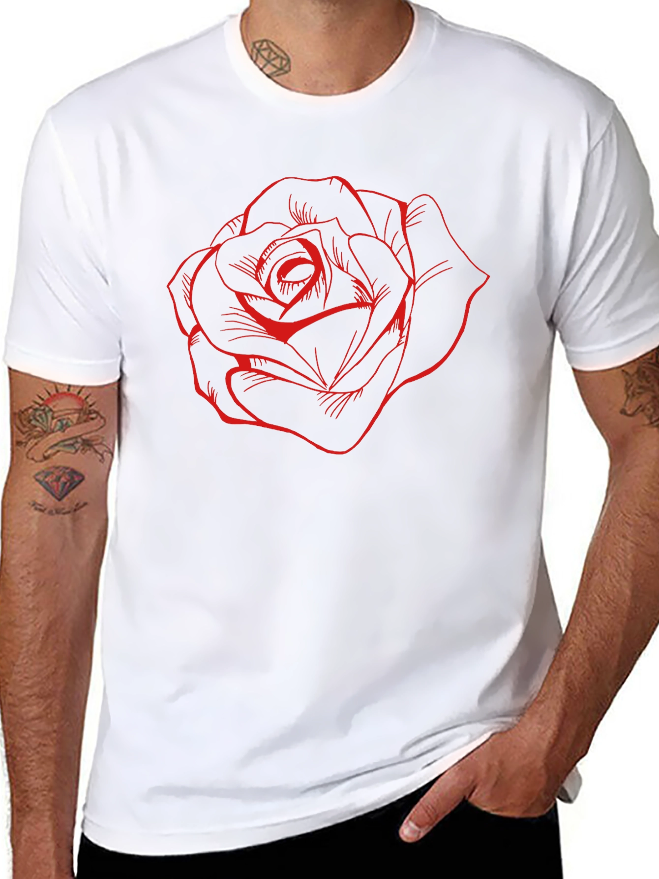 Black T-Shirt with Red Rose Design