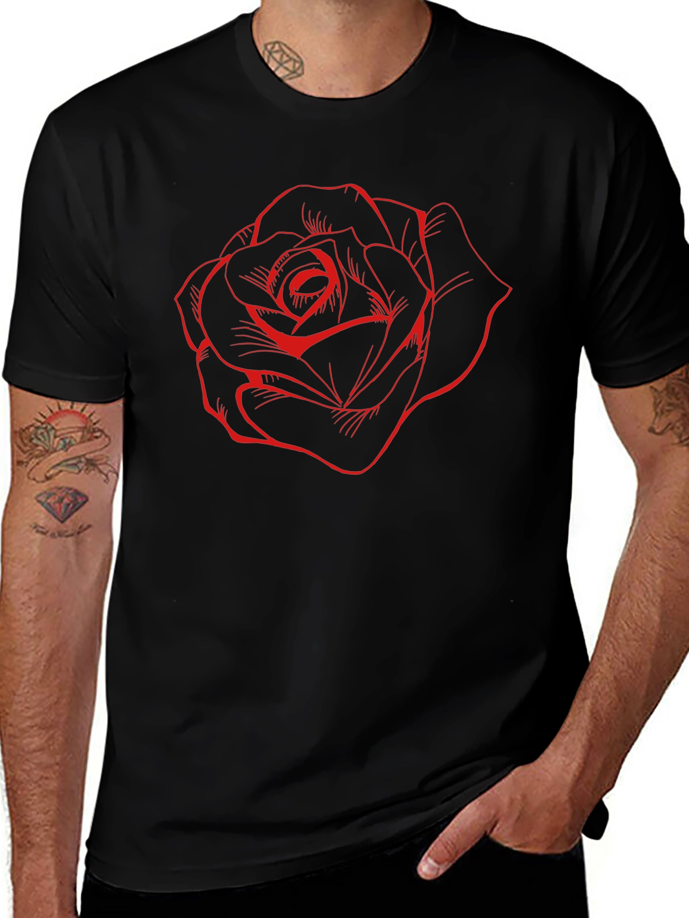 Black T-Shirt with Red Rose Design