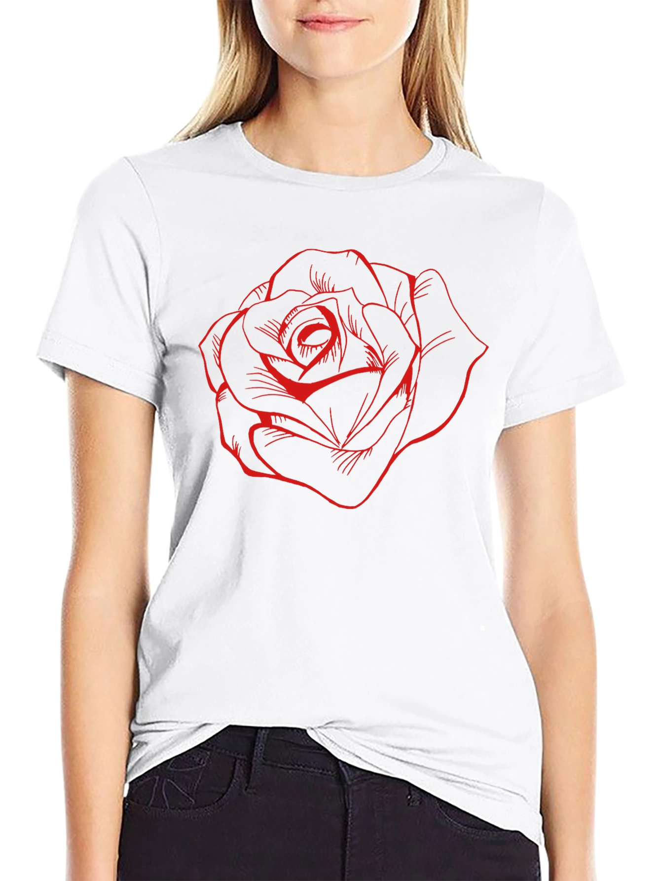Black T-Shirt with Red Rose Design