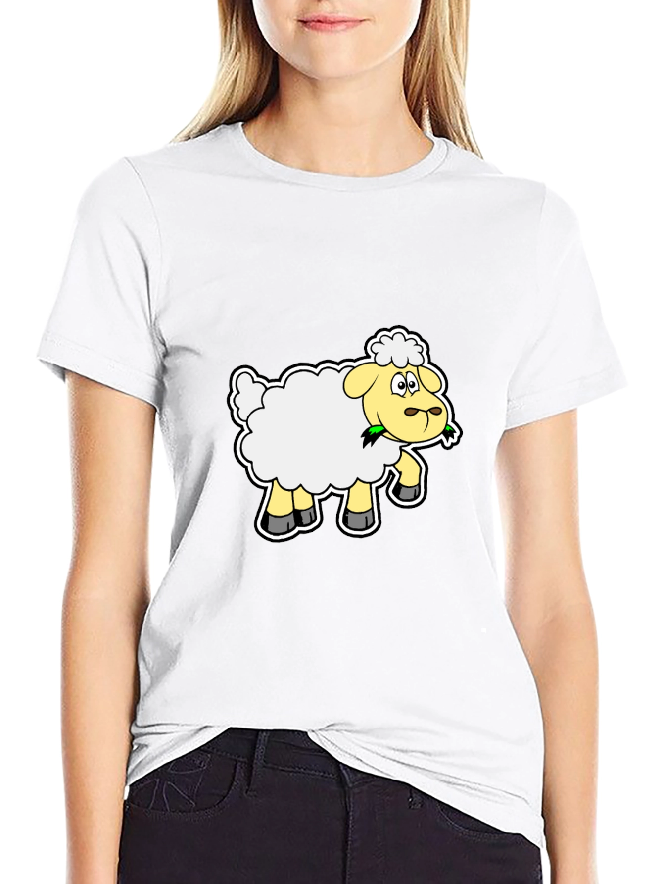 Cartoon Sheep Graphic Tee - Black Cotton Blend