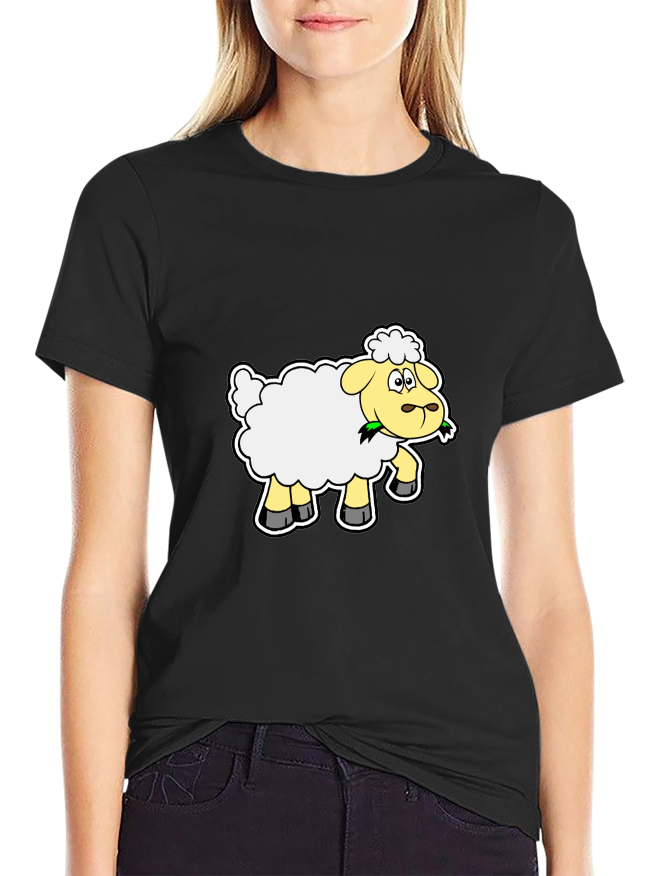 Cartoon Sheep Graphic Tee - Black Cotton Blend