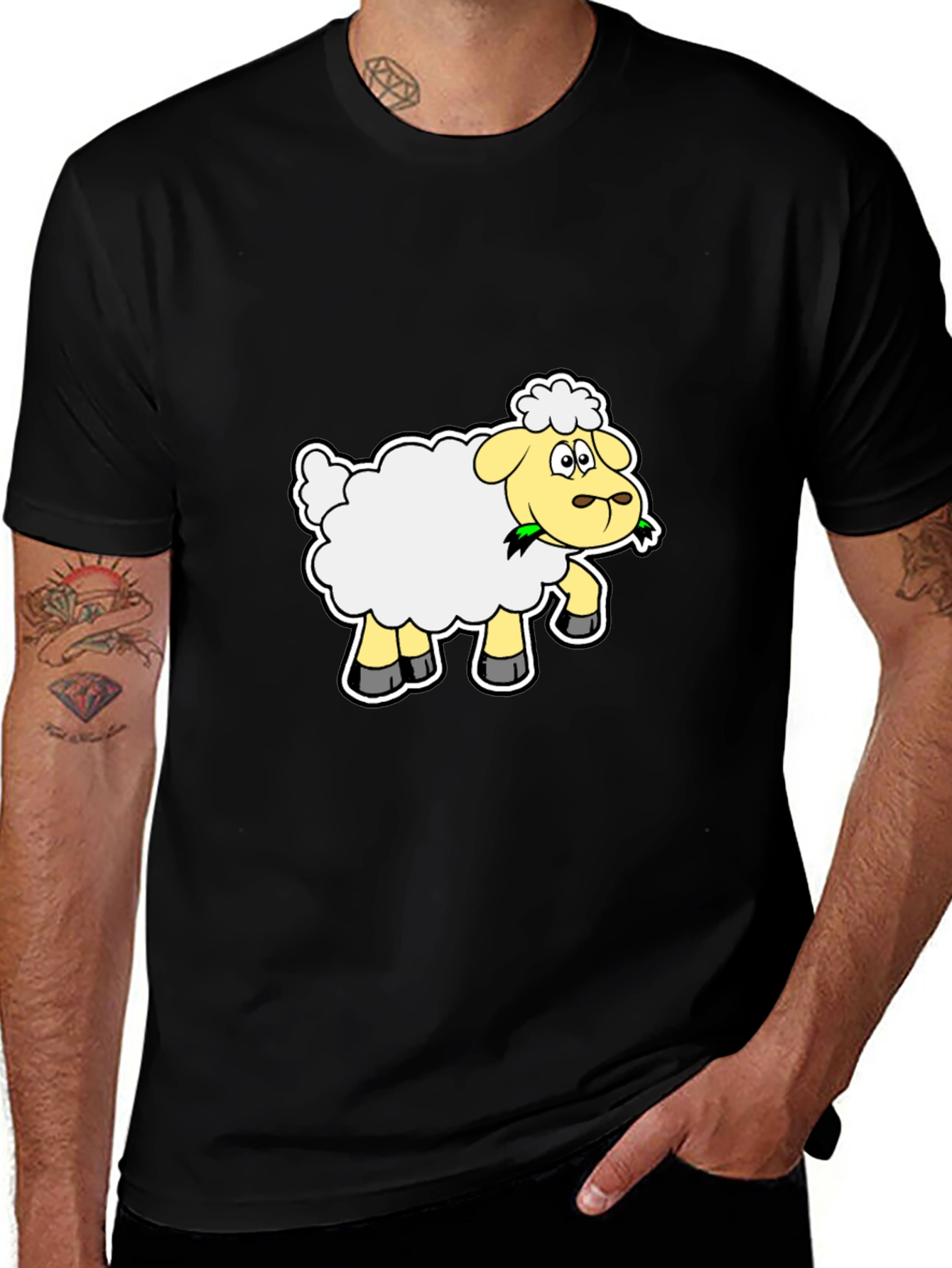 Cartoon Sheep Graphic Tee - Black Cotton Blend