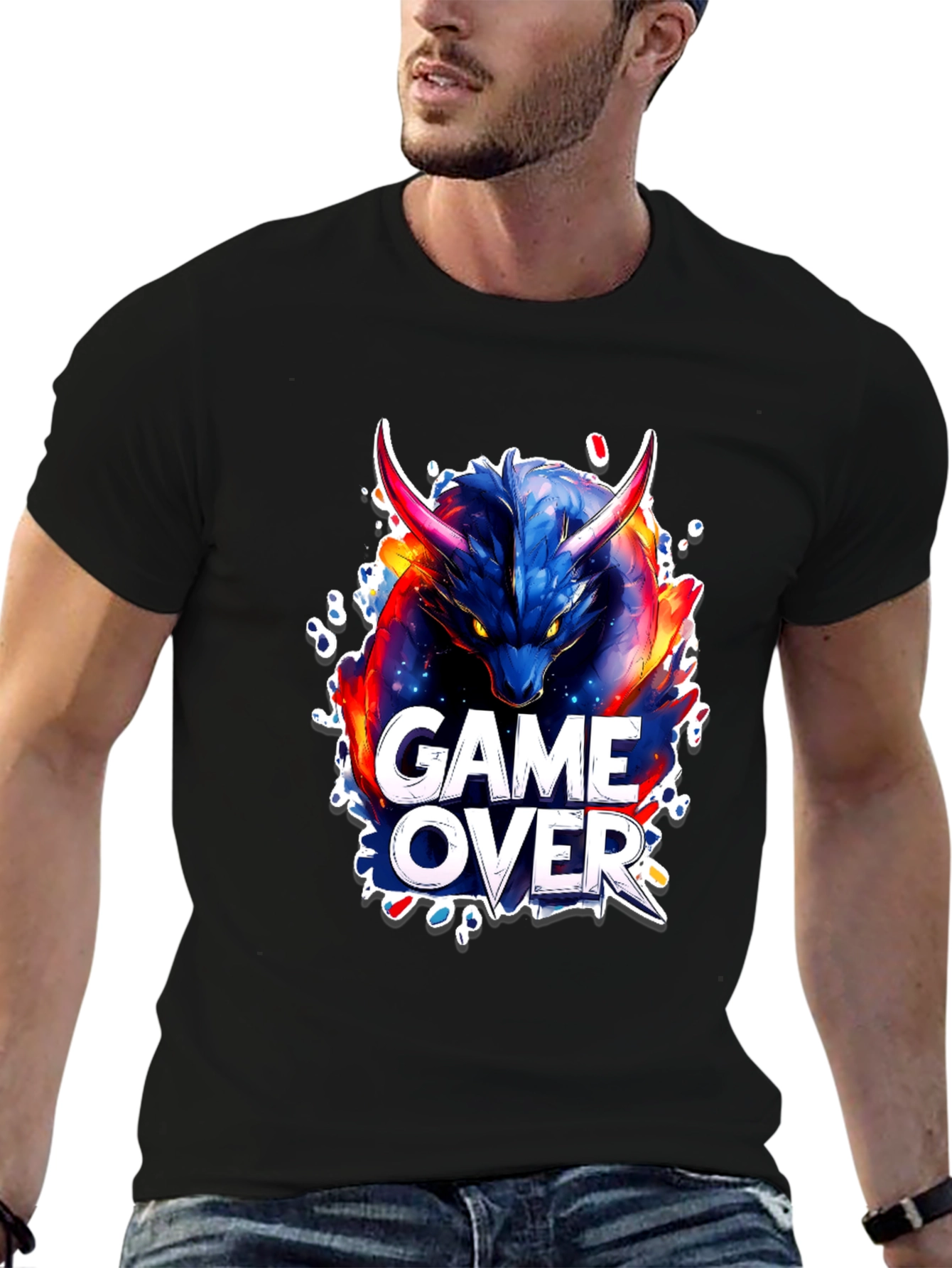 Game Over Dragon Graphic Tee - Black