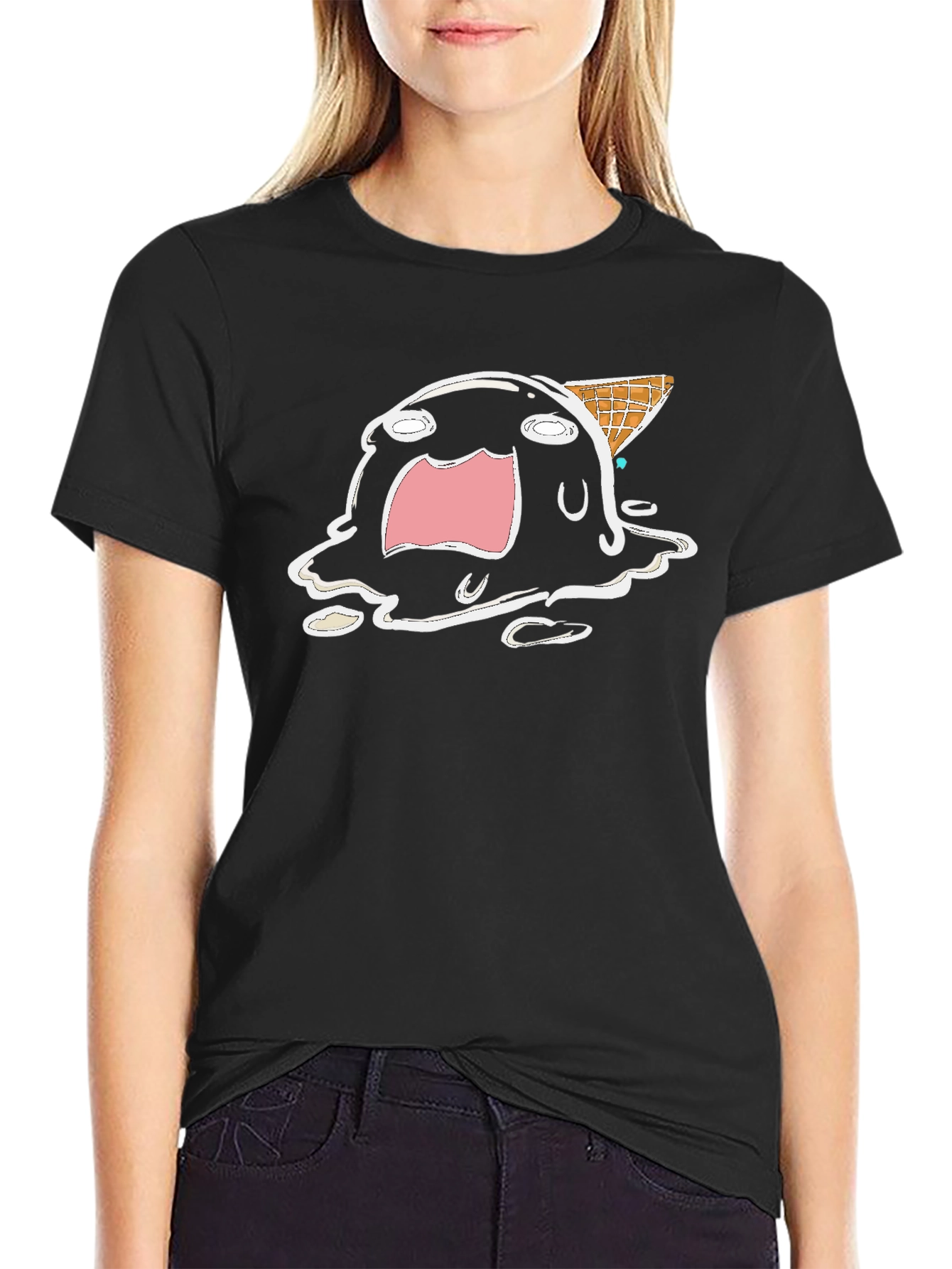 Melting Ice Cream Cartoon Graphic Tee - Black
