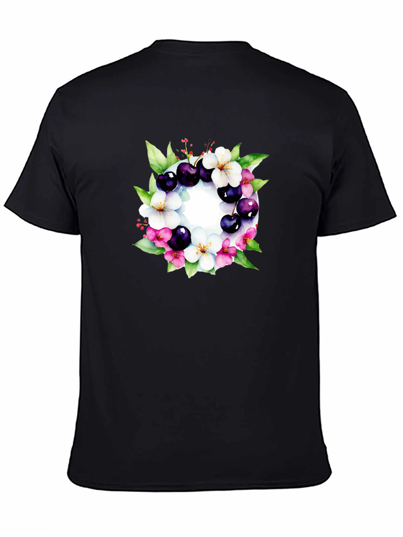 Floral Cherry Blossom Wreath Black T-Shirt