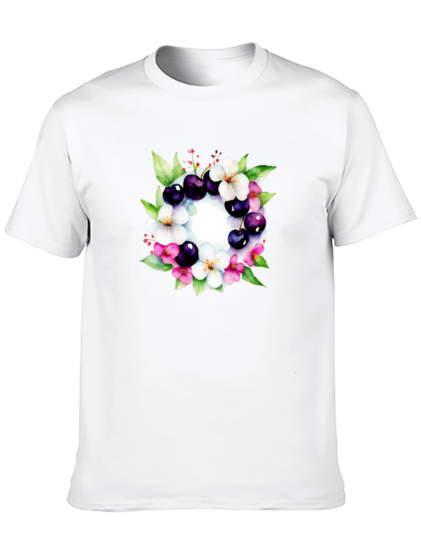 Floral Cherry Blossom Wreath Black T-Shirt