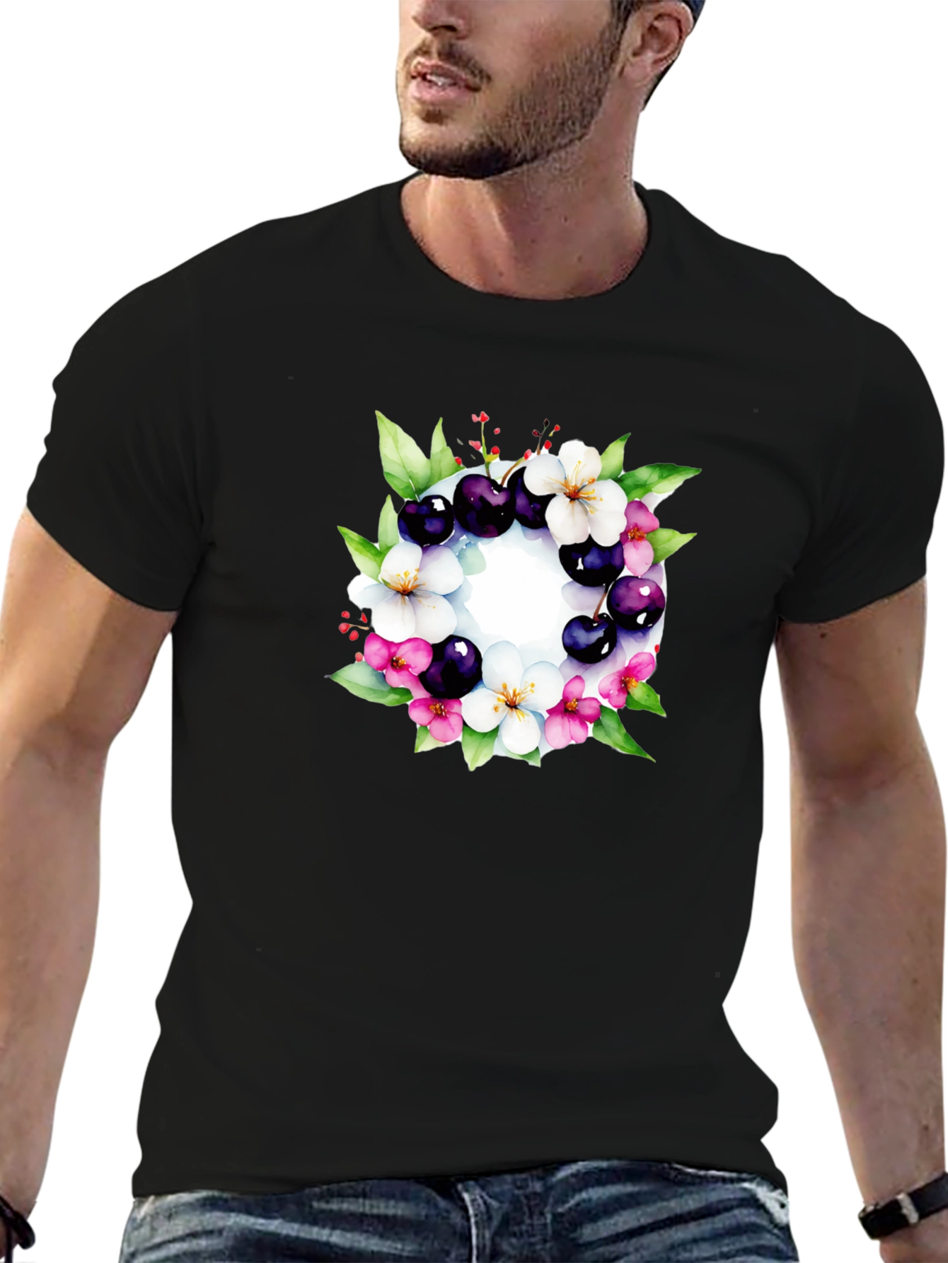 Floral Cherry Blossom Wreath Black T-Shirt