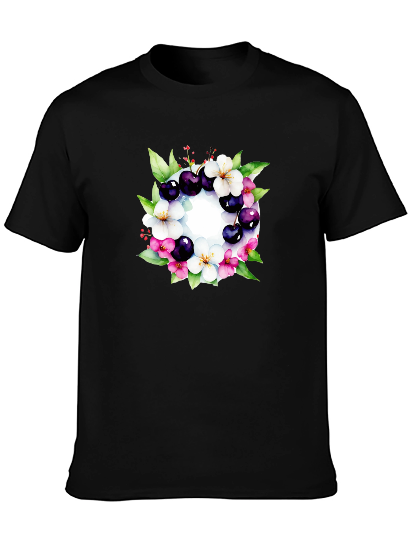 Floral Cherry Blossom Wreath Black T-Shirt
