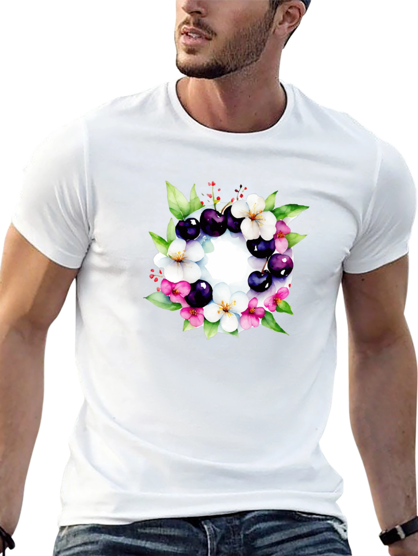 Floral Cherry Blossom Wreath Black T-Shirt