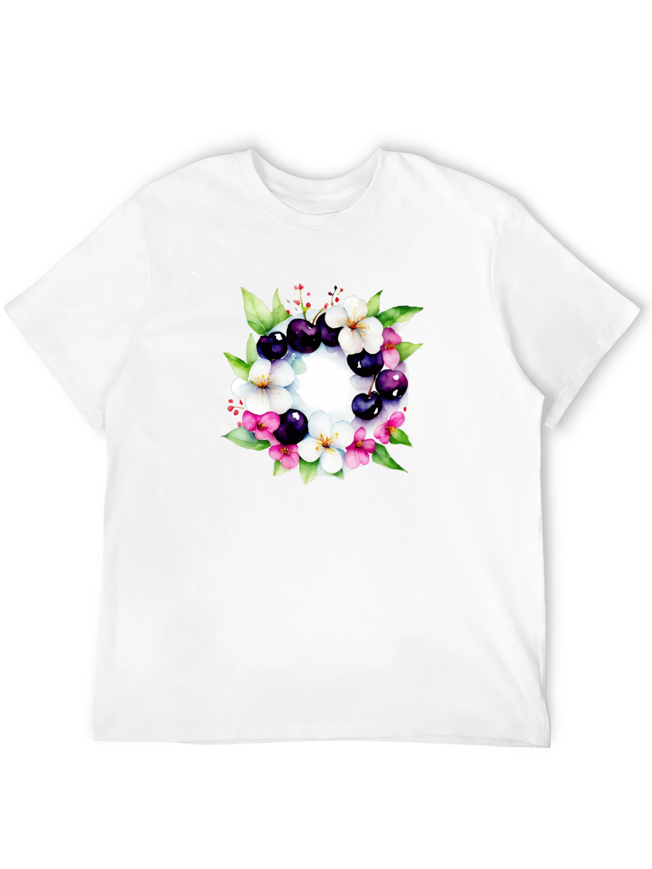 Floral Cherry Blossom Wreath Black T-Shirt