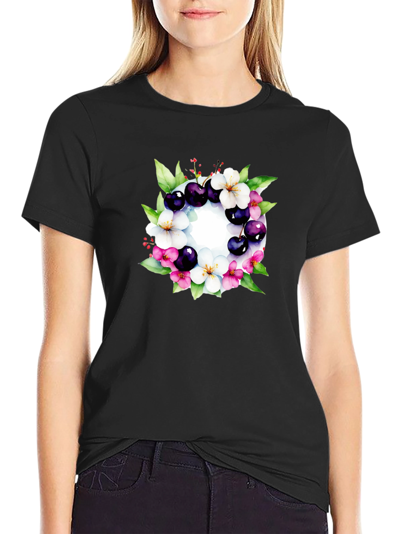 Floral Cherry Blossom Wreath Black T-Shirt