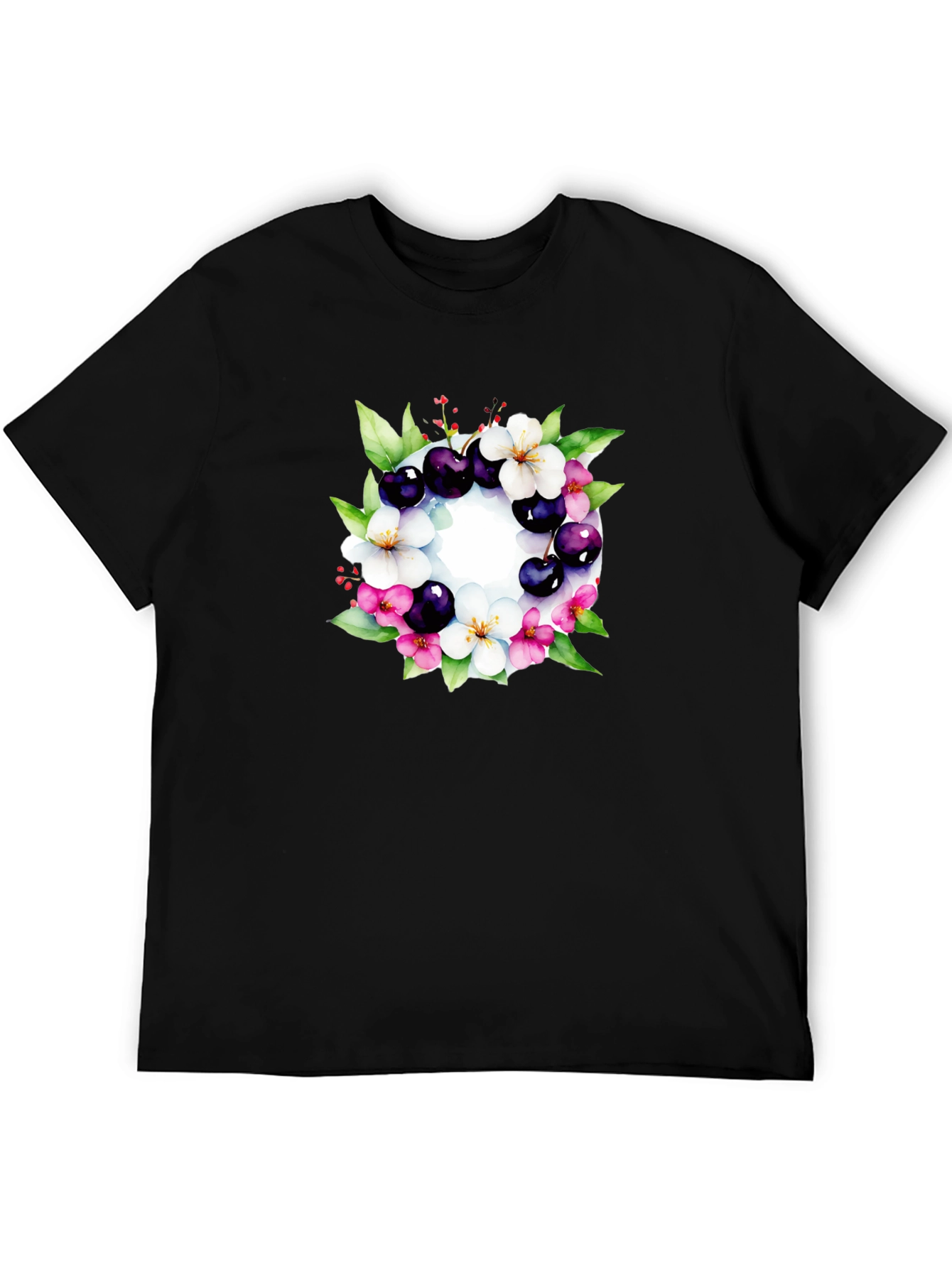 Floral Cherry Blossom Wreath Black T-Shirt