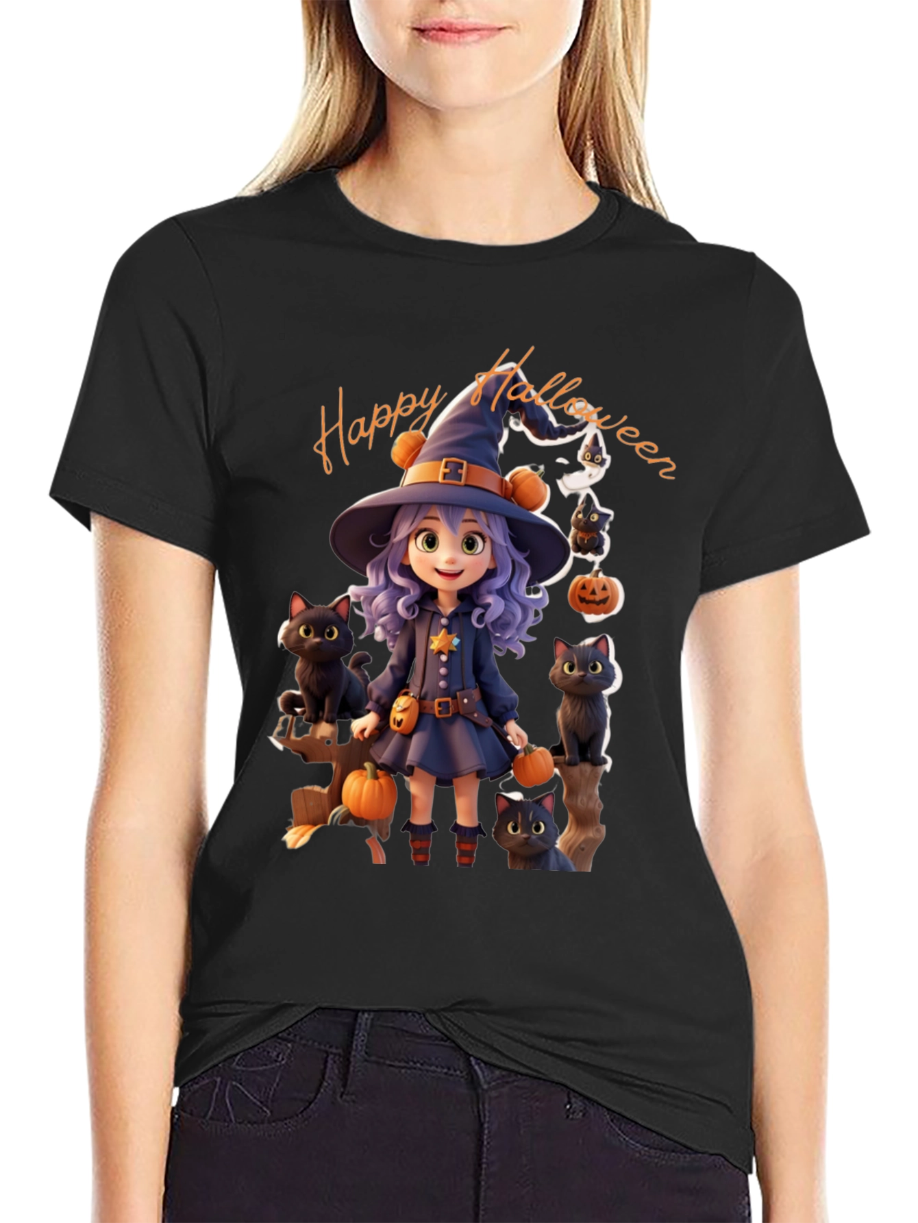Halloween Witch T-Shirt - Cute Cat Design