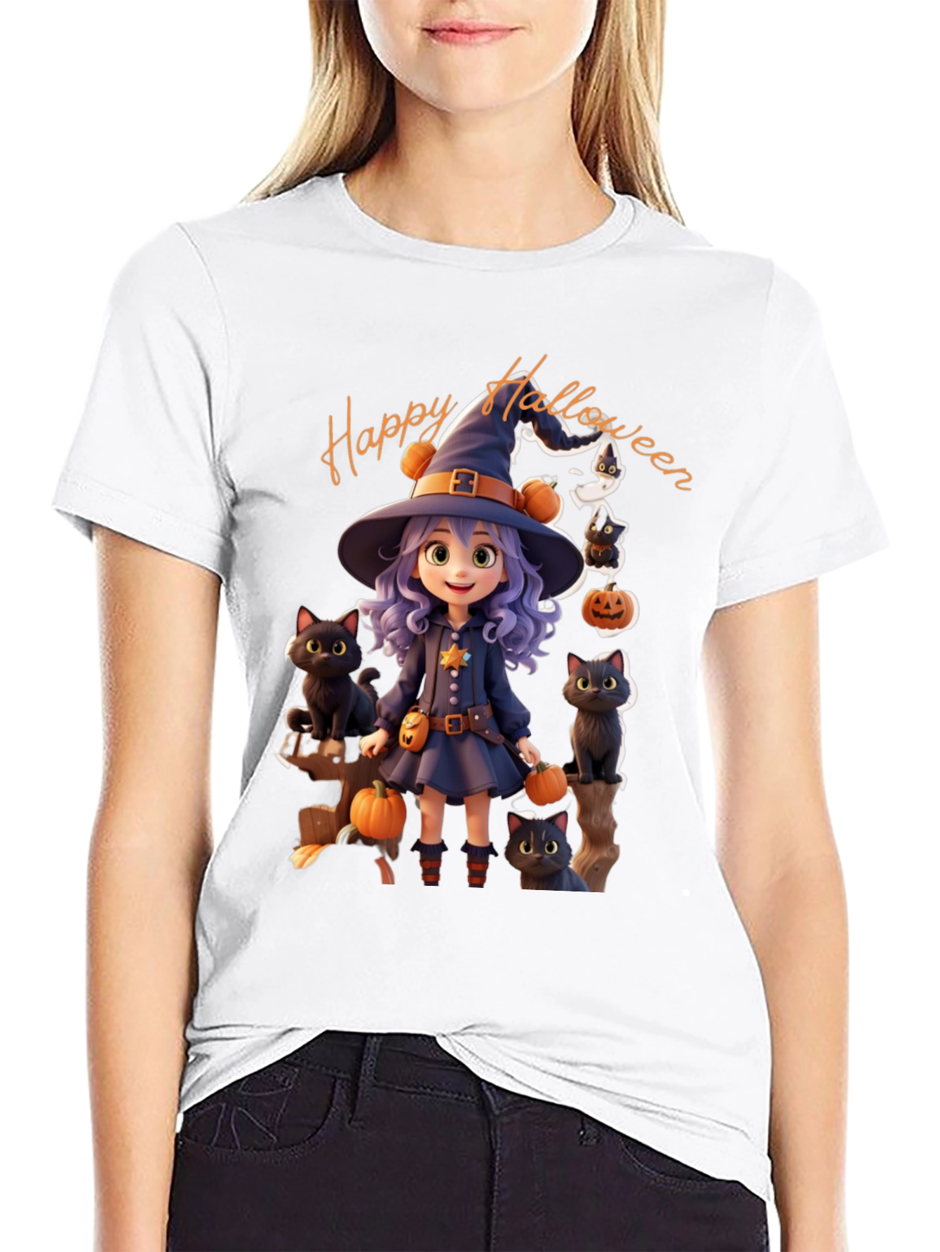Halloween Witch T-Shirt - Cute Cat Design