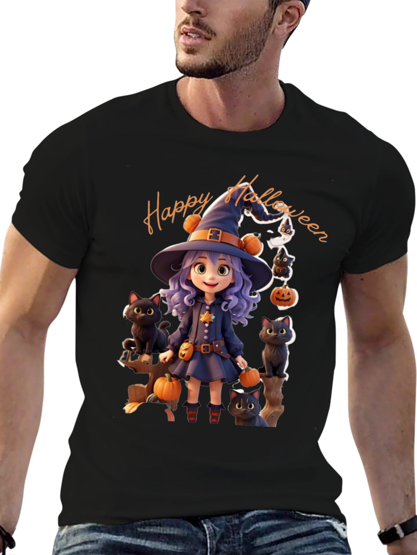Halloween Witch T-Shirt - Cute Cat Design