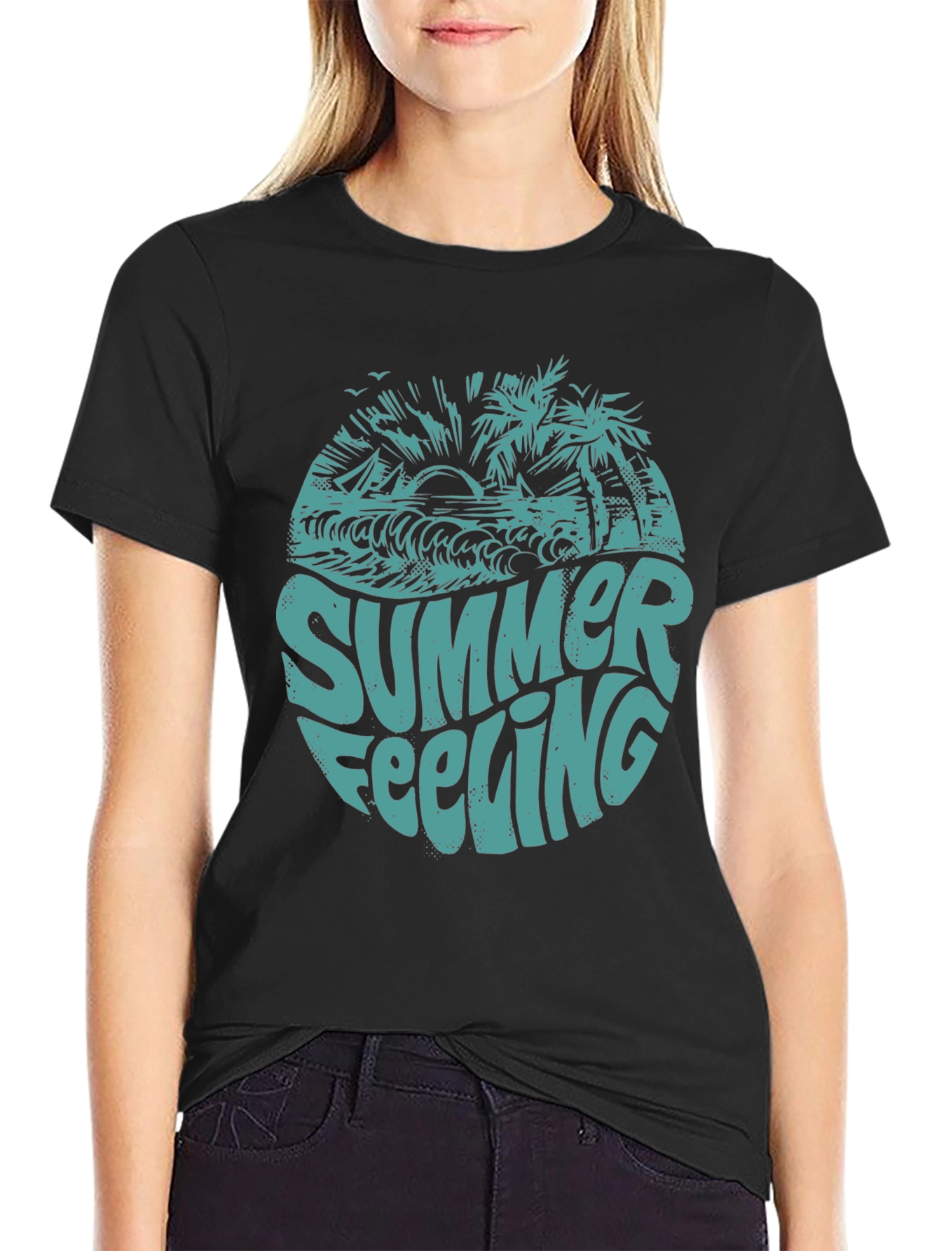 Summer Feeling Graphic Print Black T-Shirt