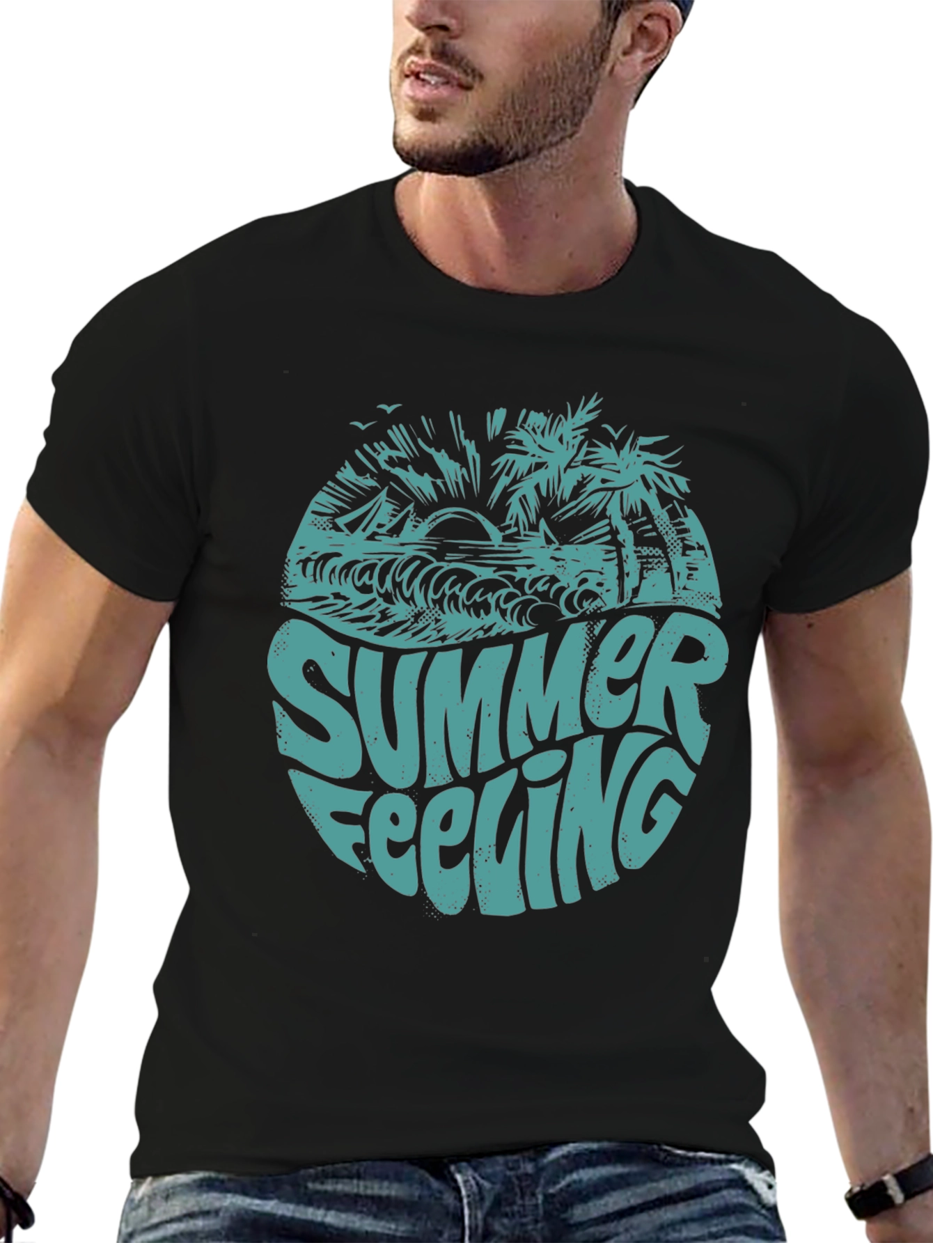 Summer Feeling Graphic Print Black T-Shirt