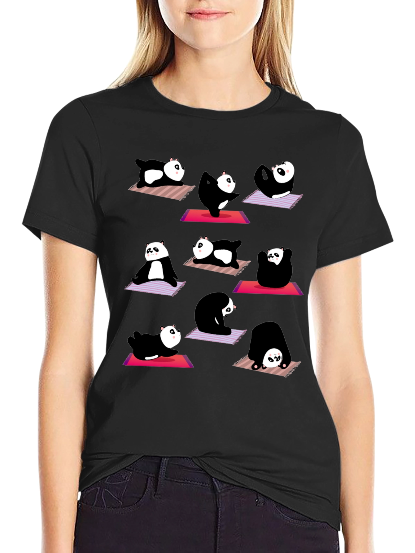 Panda Yoga T-Shirt: Black Cotton Tee for Relaxation