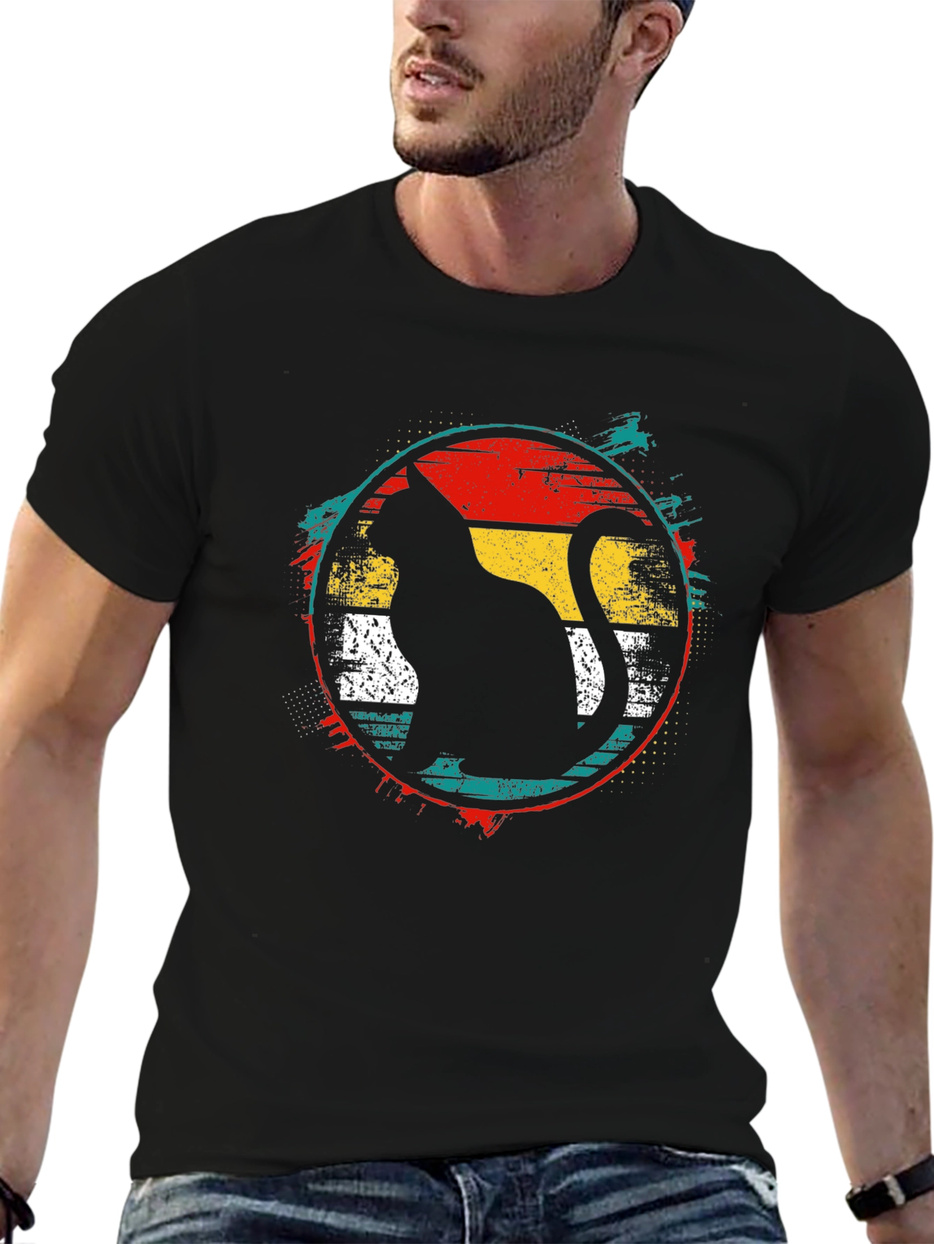 Retro Cat Graphic Tee - Black Cotton T-Shirt