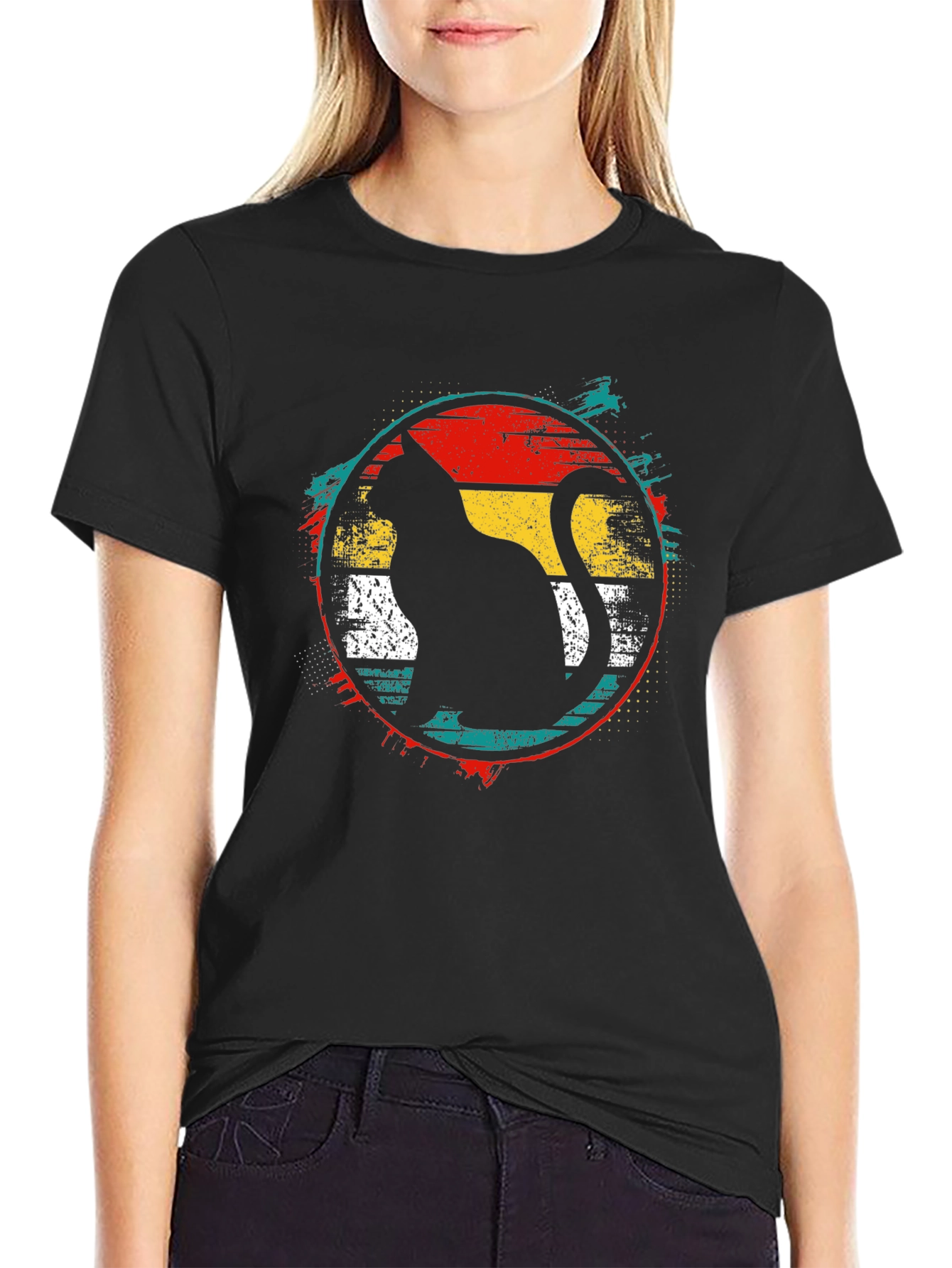 Retro Cat Graphic Tee - Black Cotton T-Shirt