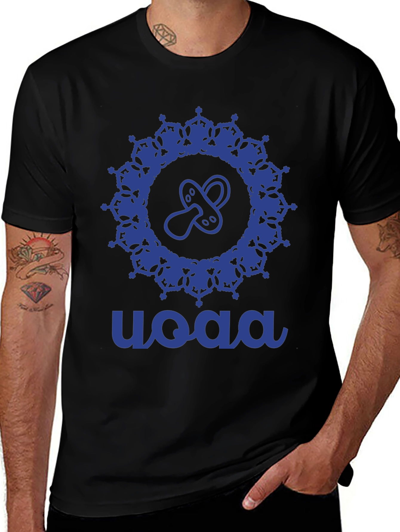 Stylish Blue Baby Pacifier Mandala Black T-Shirt