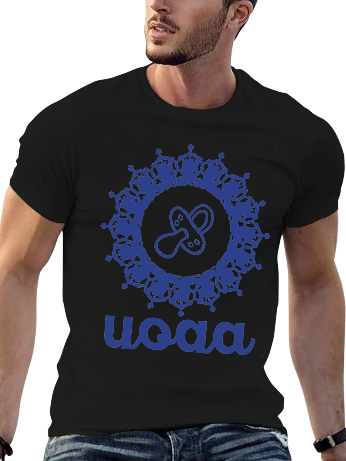 Stylish Blue Baby Pacifier Mandala Black T-Shirt